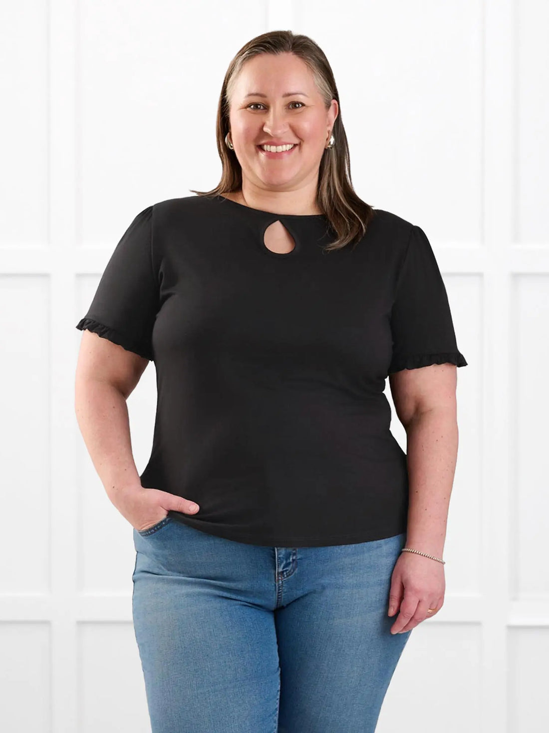 Darlene reversible neckline ruffle sleeve top for women in Black on model Cristina, size XXL @Cristina-XXL 