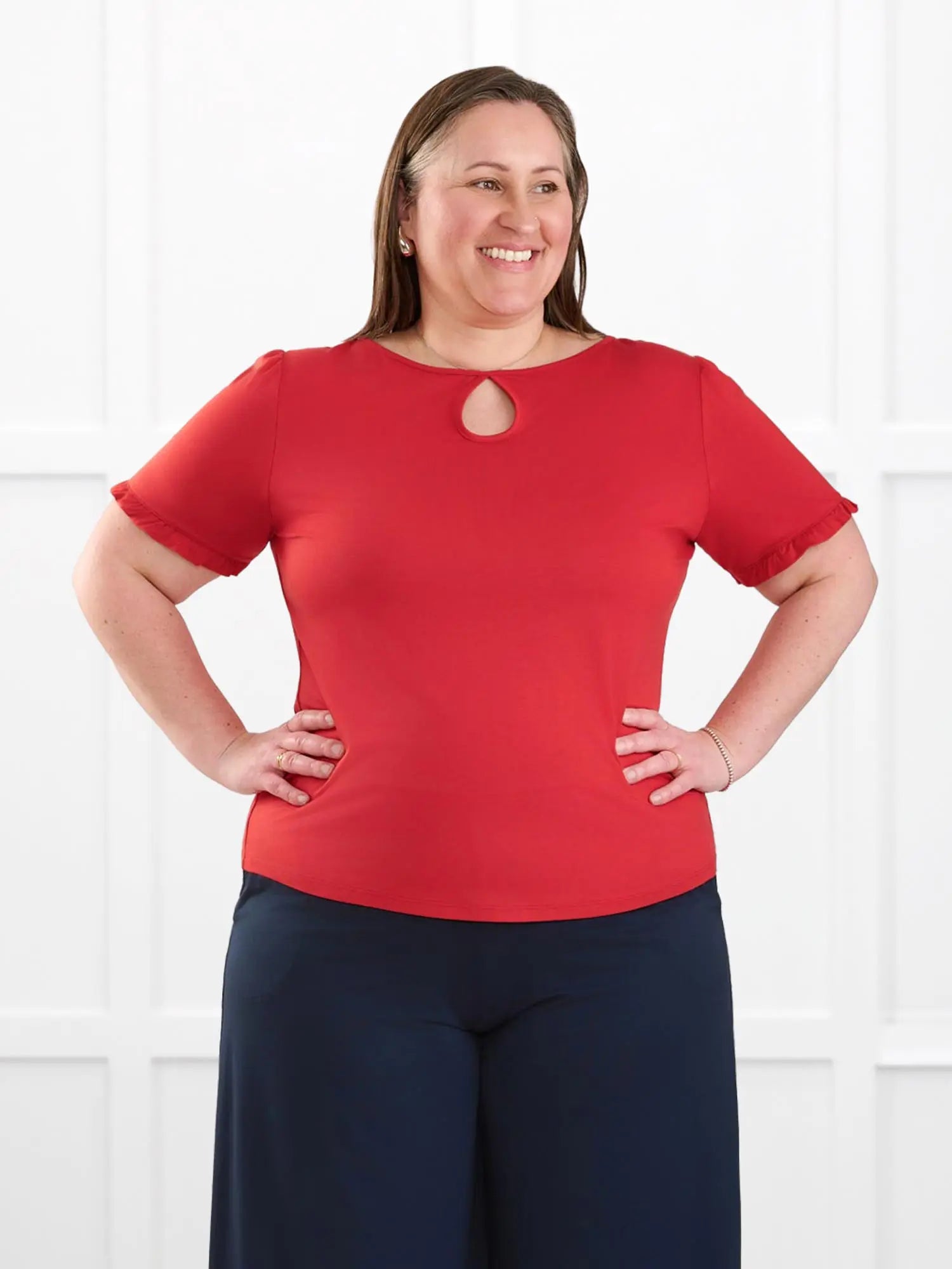 Darlene reversible neckline ruffle sleeve top for women in Chili on model Cristina, size XXL @Cristina-XXL 