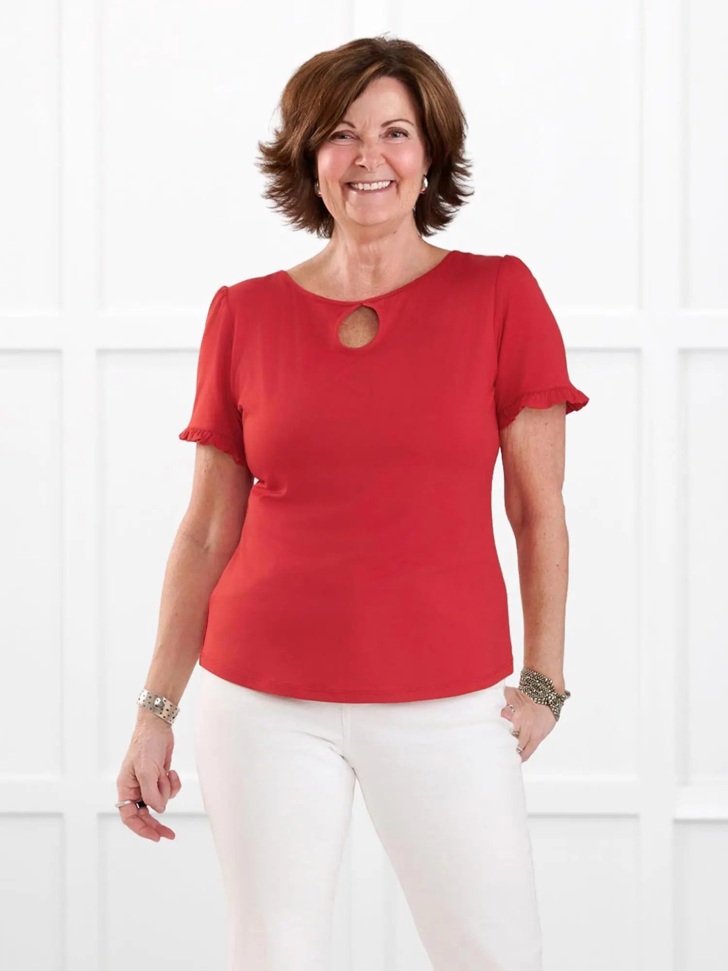 Darlene reversible neckline ruffle sleeve top for women in Chili on model Donna, size S @Donna-S 