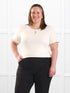 Darlene reversible neckline ruffle sleeve top for women in Natural on model Cristina, size XXL @Cristina-XXL 