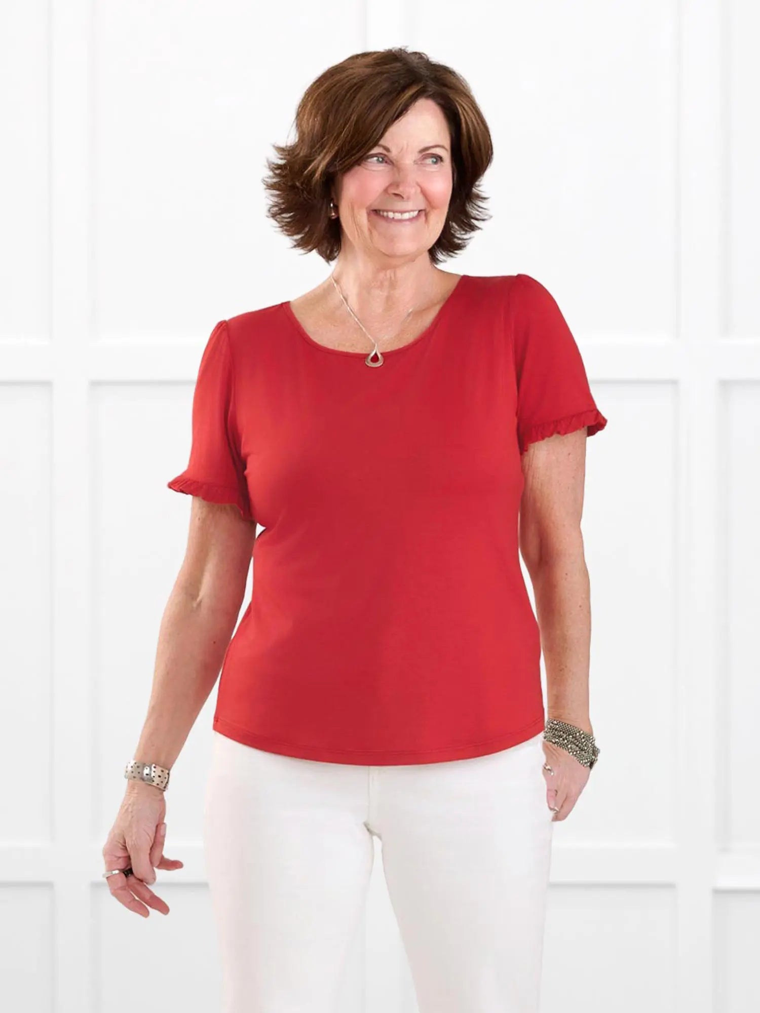 Darlene reversible neckline ruffle sleeve top for women in Chili on model Donna, size S @Donna-S 