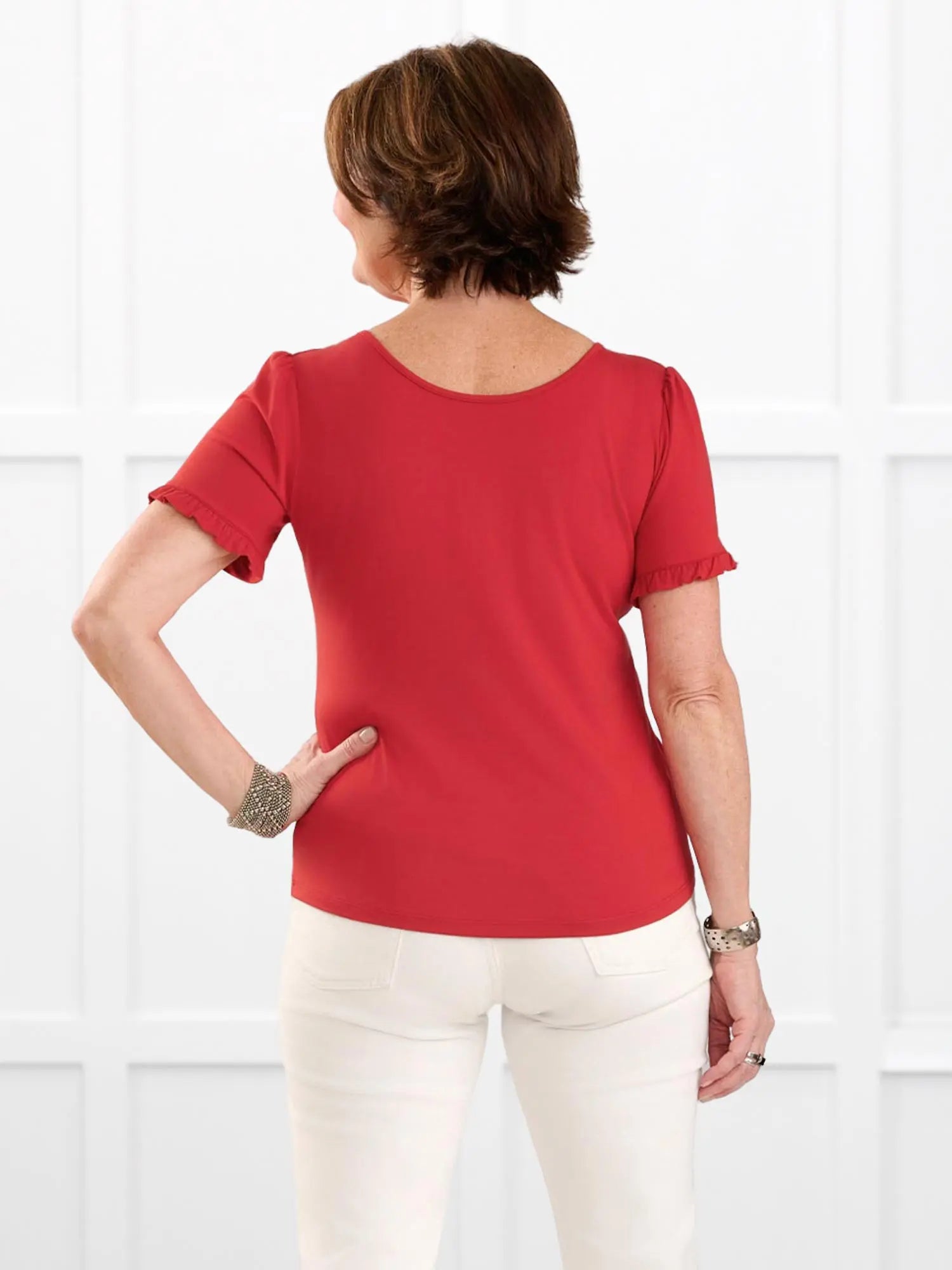 Darlene reversible neckline ruffle sleeve top for women in Chili on model Donna, size S @Donna-S 