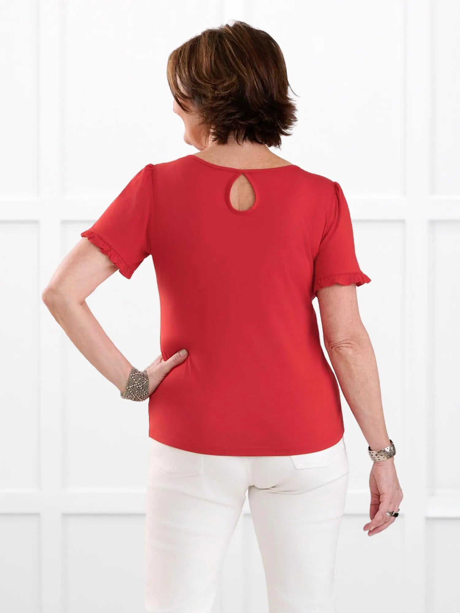 Darlene reversible neckline ruffle sleeve top for women in Chili on model Donna, size S @Donna-S 