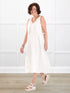 Delfina reversible neckline linen dress for women in Ivory linen on model Donna, size S @Donna-S 