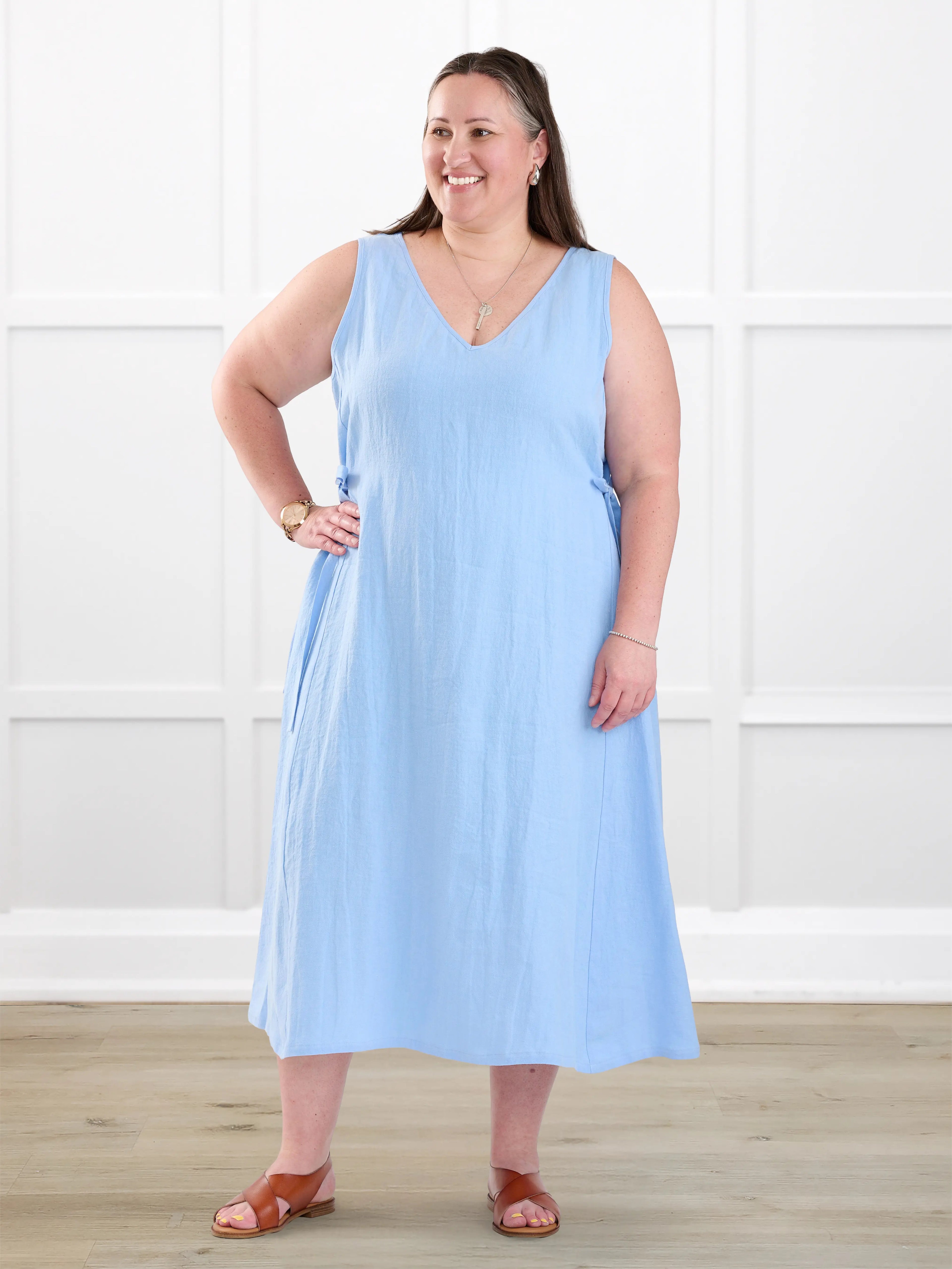Delfina reversible neckline linen dress for women in Serene blue linen on model Cristina, size XXL @Cristina-XXL 