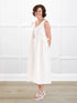 Delfina reversible neckline linen dress for women in Ivory linen on model Donna, size S @Donna-S 