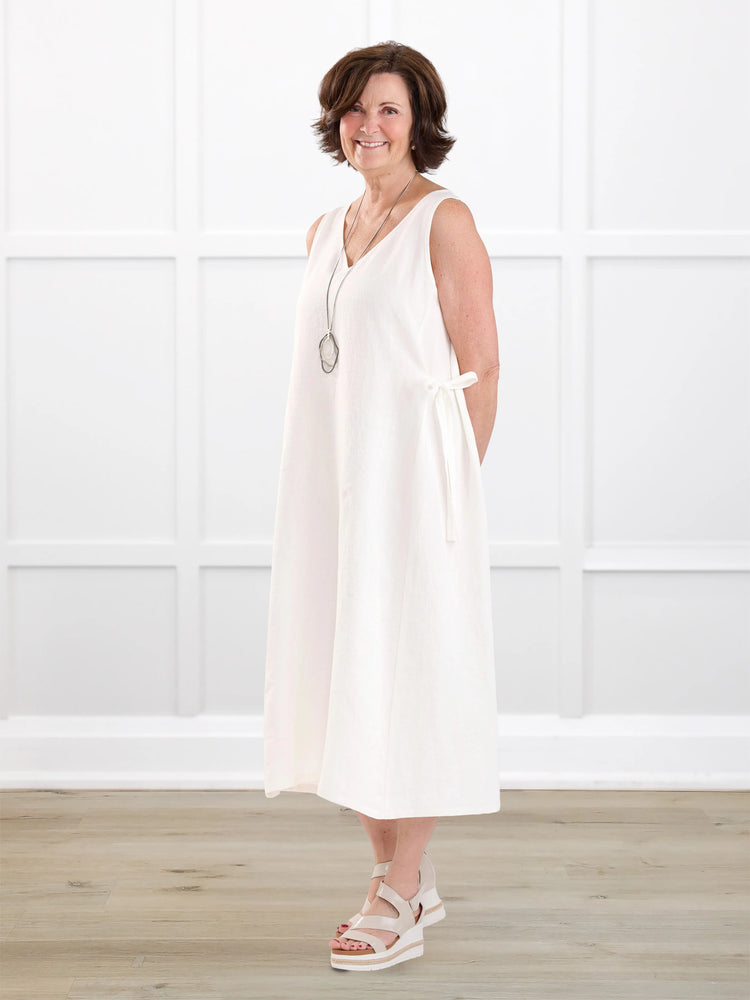 Delfina reversible neckline linen dress for women in Ivory linen on model Donna, size S @Donna-S 