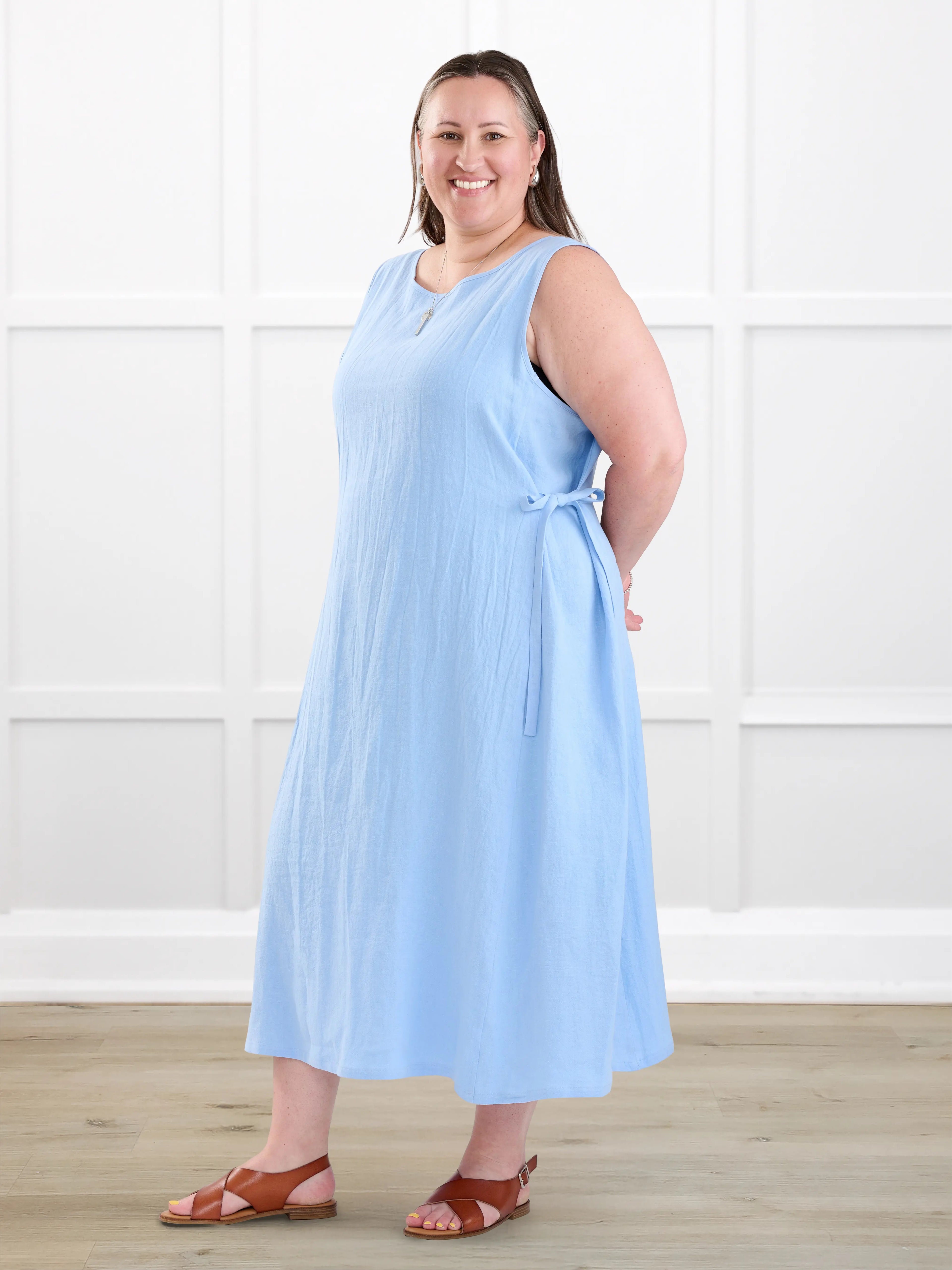 Delfina reversible neckline linen dress for women in Serene blue linen on model Cristina, size XXL @Cristina-XXL 
