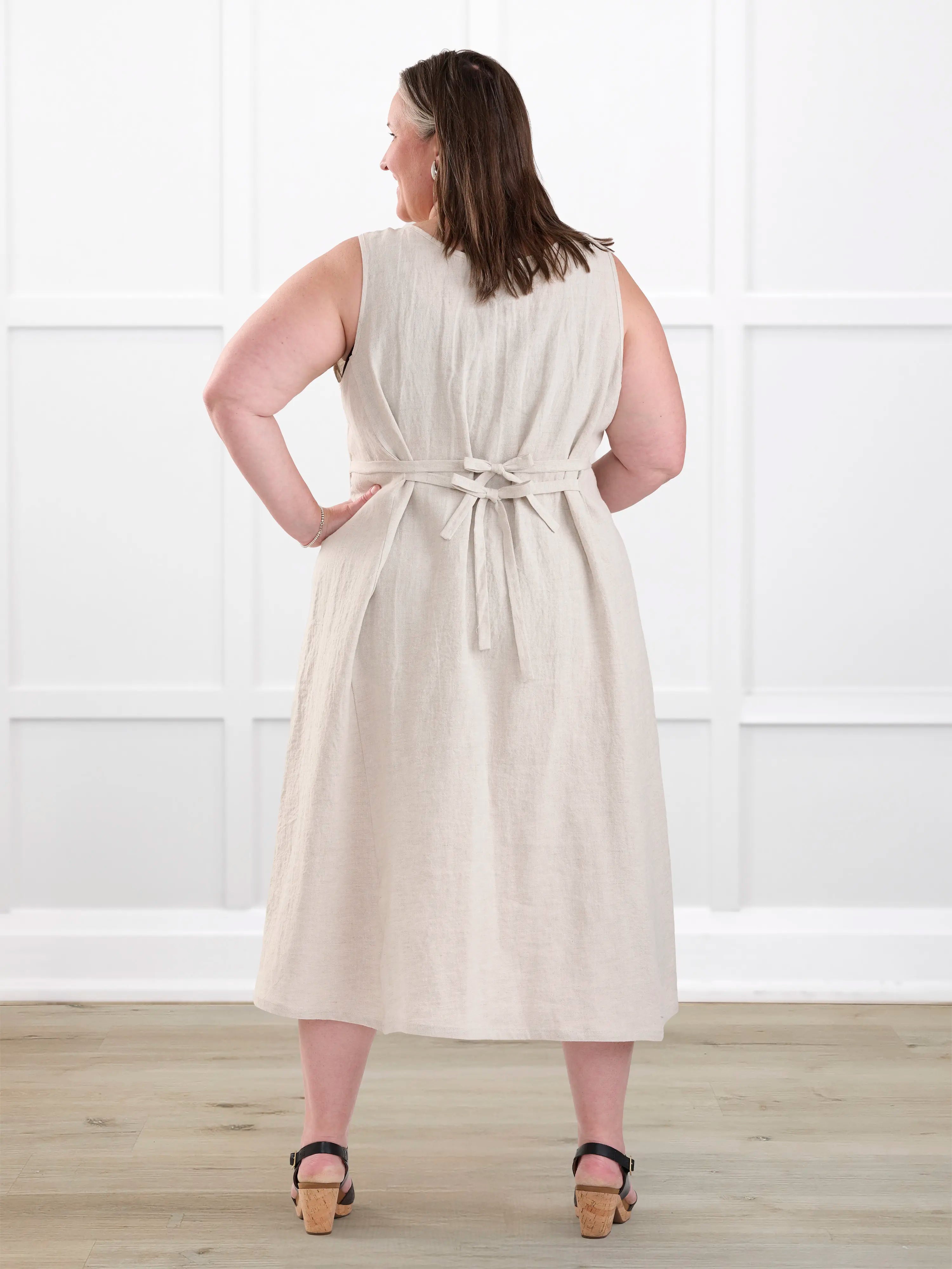 Delfina reversible neckline linen dress for women in Sand linen on model Cristina, size XXL @Cristina-XXL 