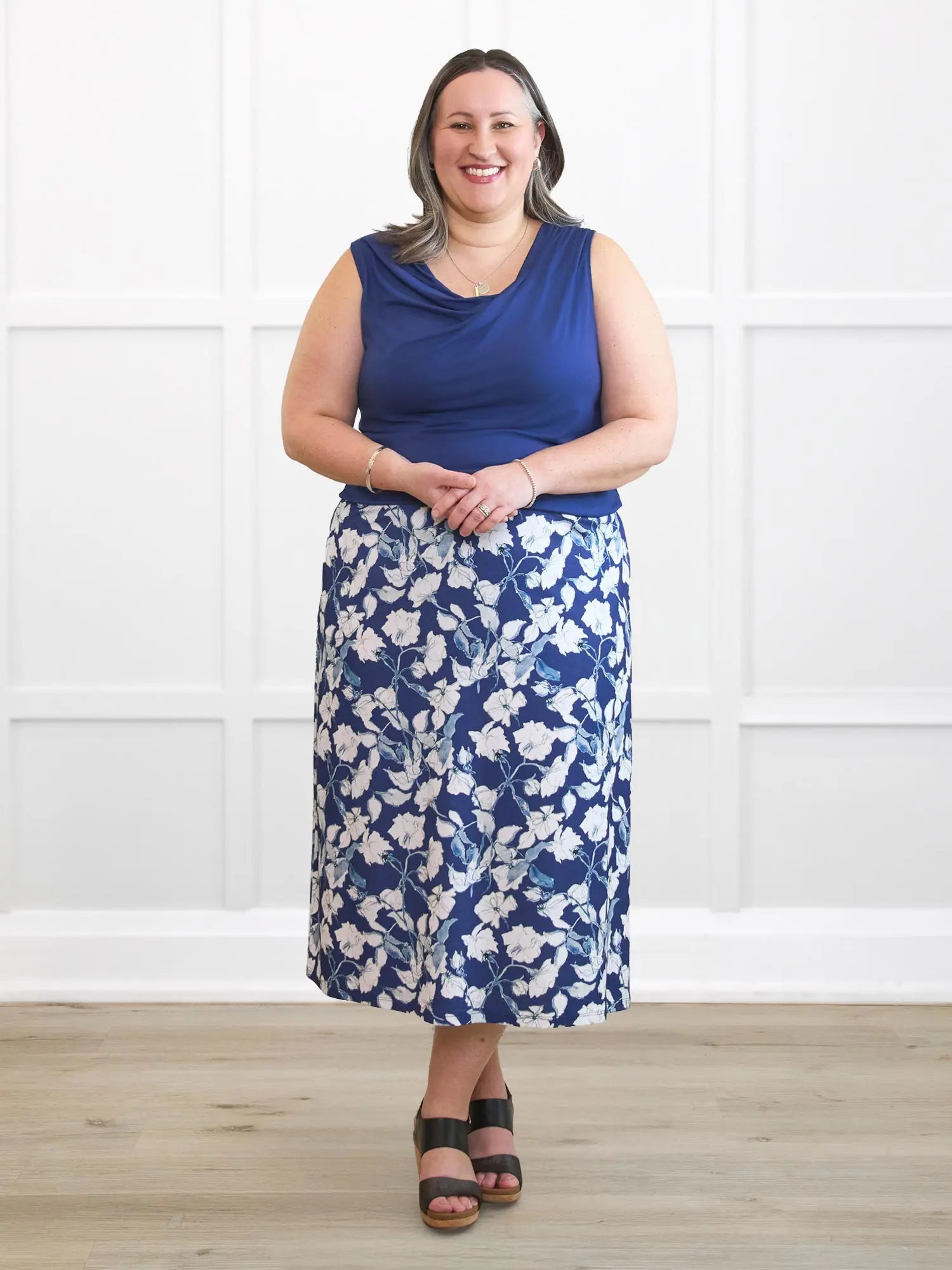 Dion sleeveless draped dressy top for women 00 in Marine blue on model Cristina, size XXL @Cristina-XXL 