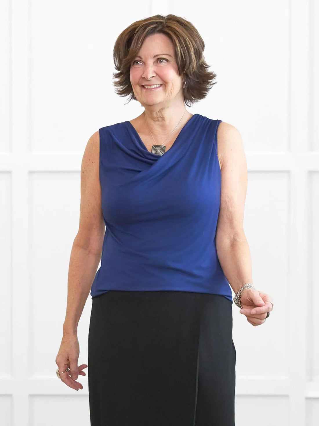 Dion sleeveless draped dressy top for women 00 in Marine blue on model Donna, size S @Donna-S 