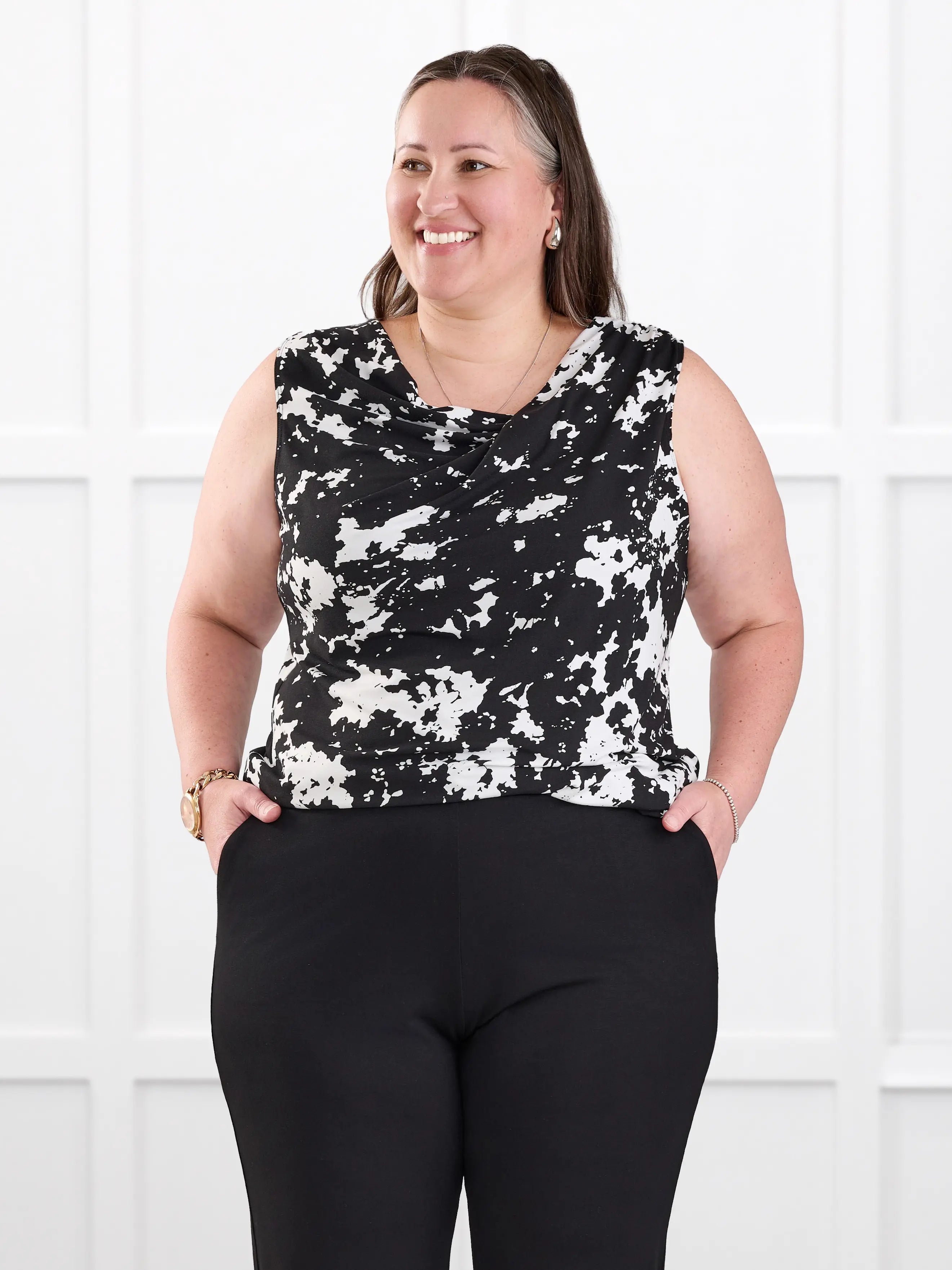 Dion sleeveless draped dressy top for women in Moo’d bloom on model Cristina, size XXL @Cristina-XXL 