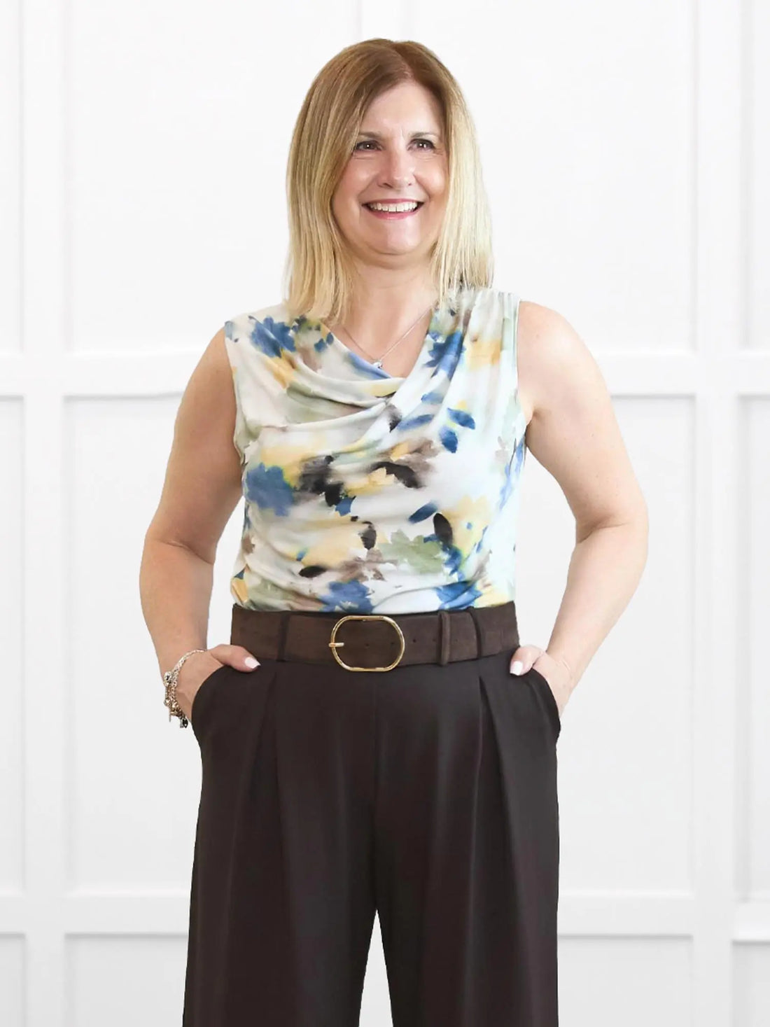 Dion sleeveless draped dressy top for women 00 in Morning dew on model Natasha, size S @Natasha-S 