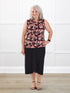 Dion sleeveless draped dressy top for women in Pink bouquet on model Rulaa, size L @Rulaa-L 