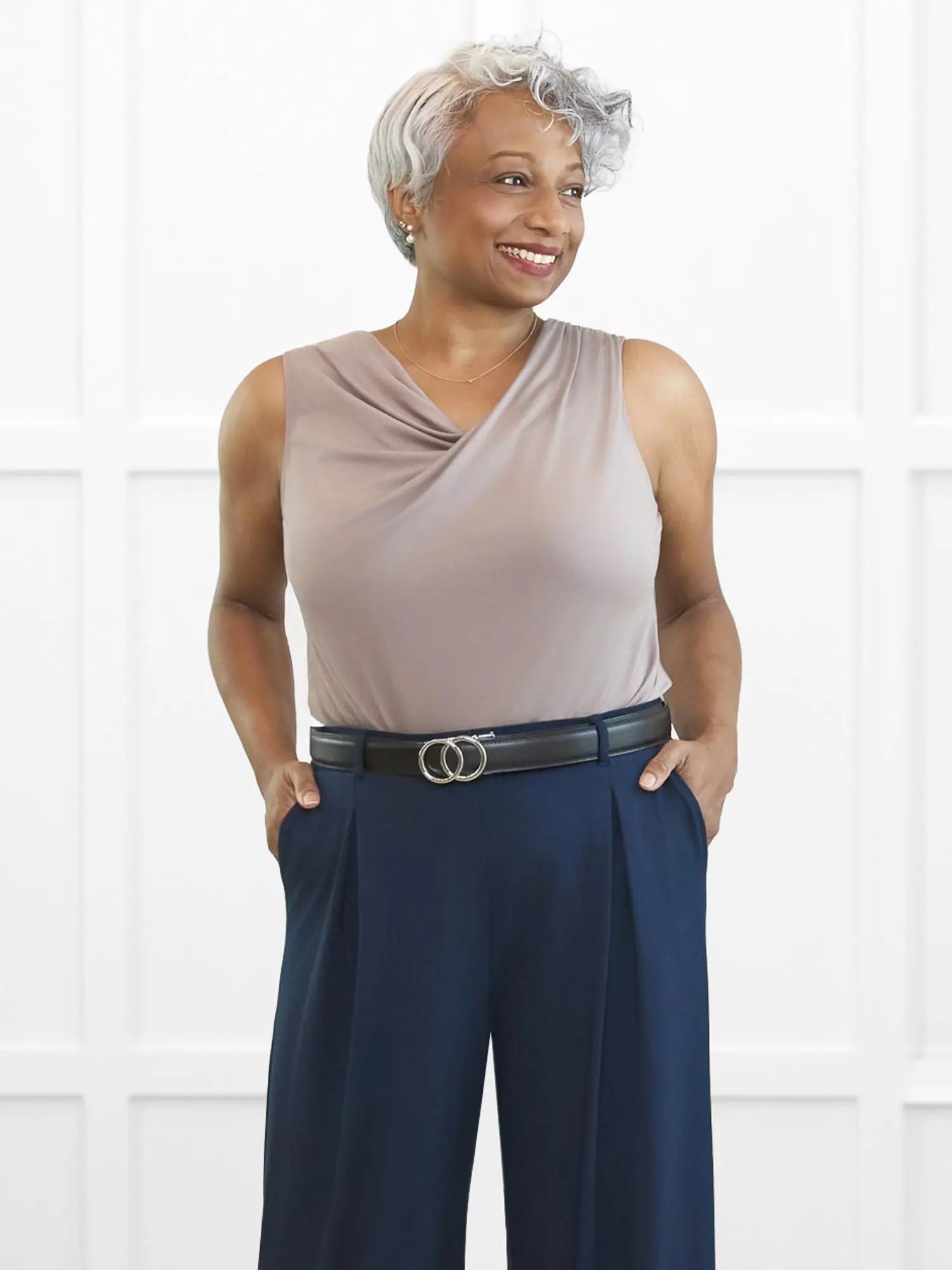 Dion sleeveless draped dressy top for women 00 in Portobello on model Keethai, size M @Keethai-M 