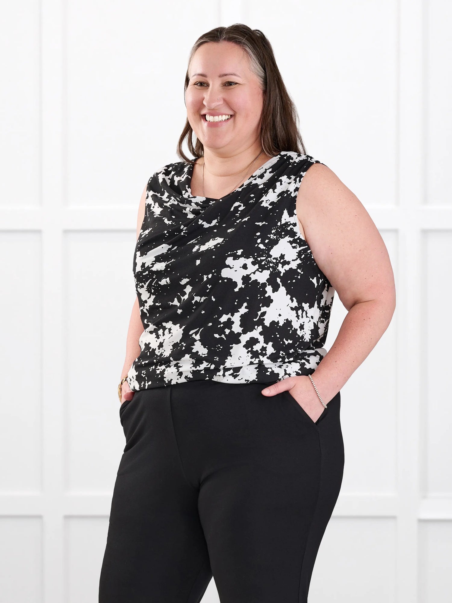 Dion sleeveless draped dressy top for women in Moo’d bloom on model Cristina, size XXL @Cristina-XXL 