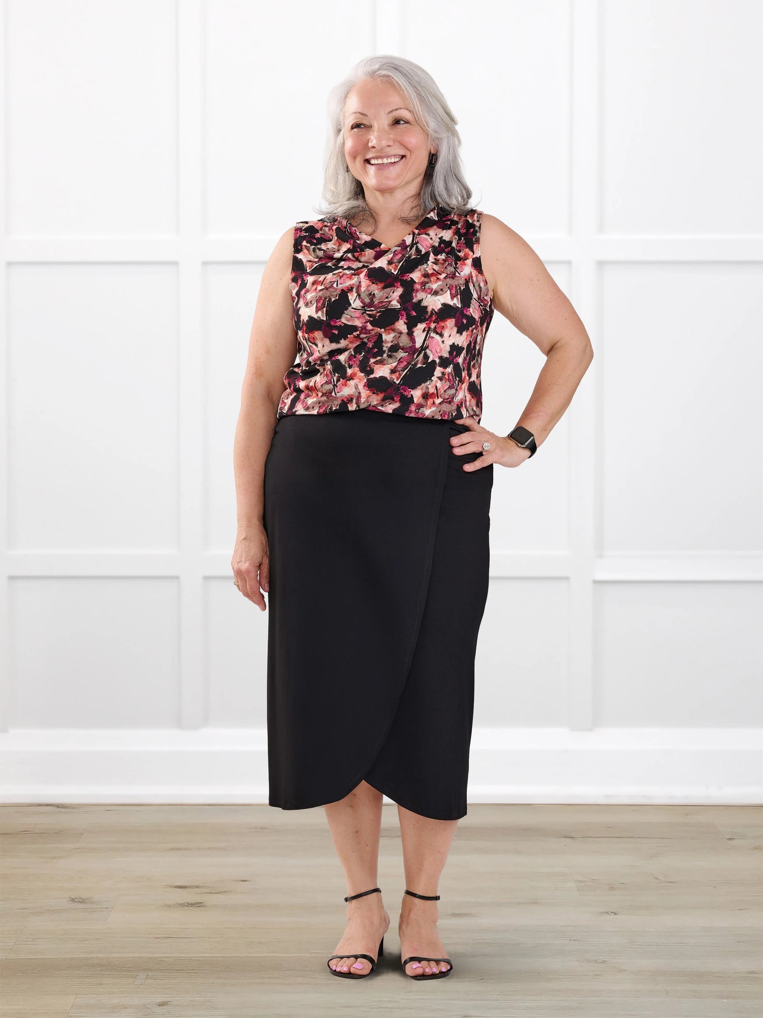 Dion sleeveless draped dressy top for women in Pink bouquet on model Rula, size L @Rula-L 