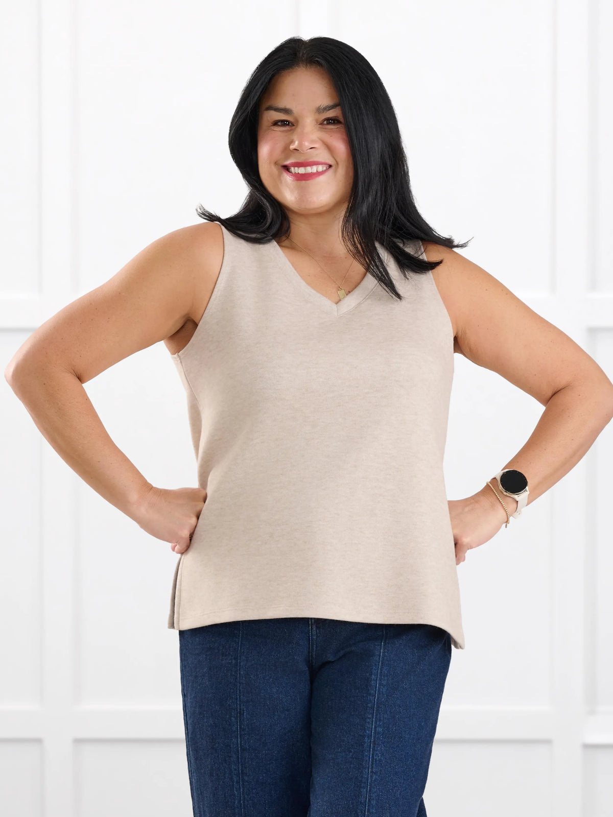 Dory v neck sweater vest for women in Oatmeal melange on model Jenn, size M @Jenn-M 
