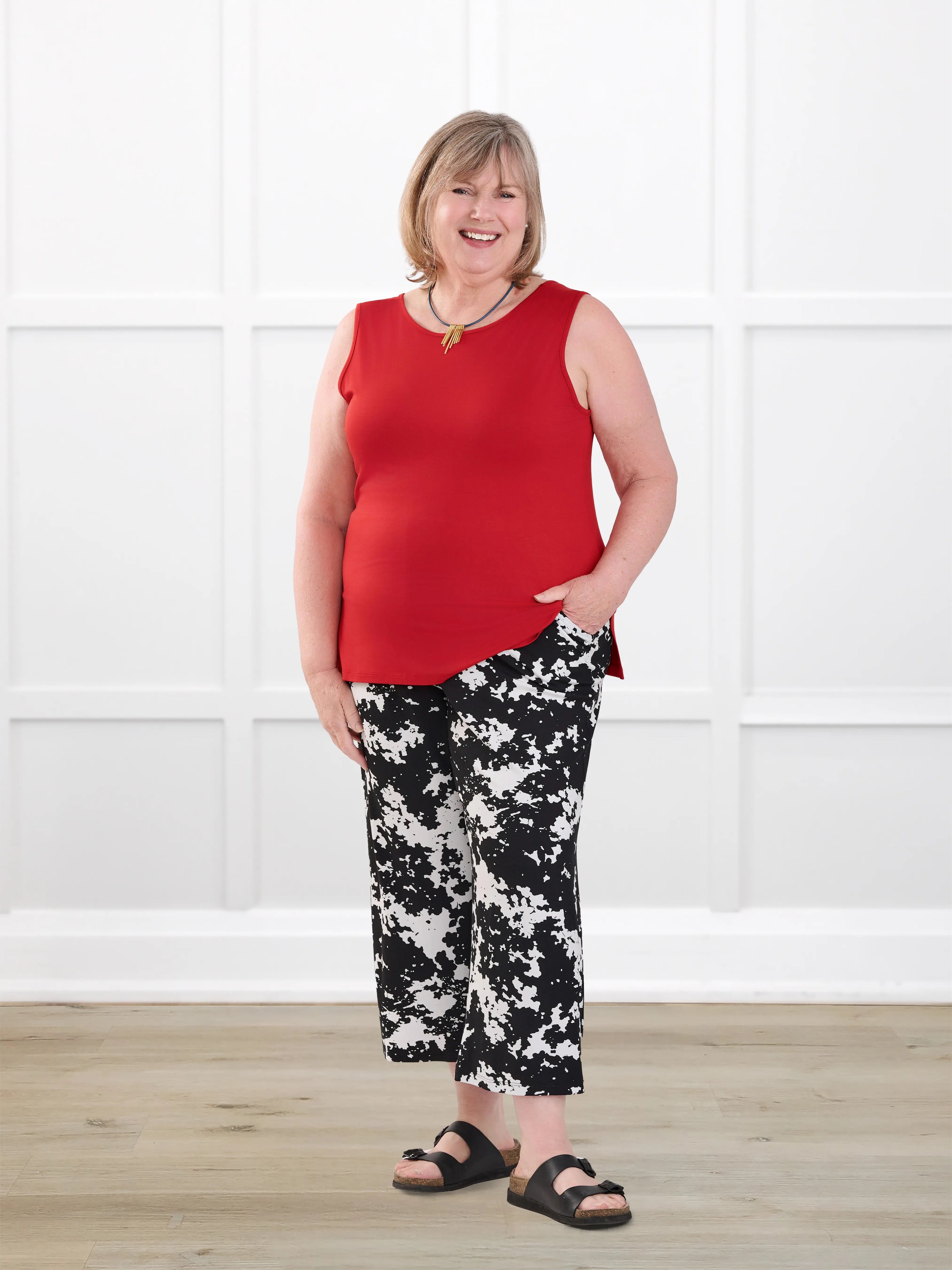 Easton pocket capri for women in Moo’d bloom on model Laurie, size XL @Laurie-XL 