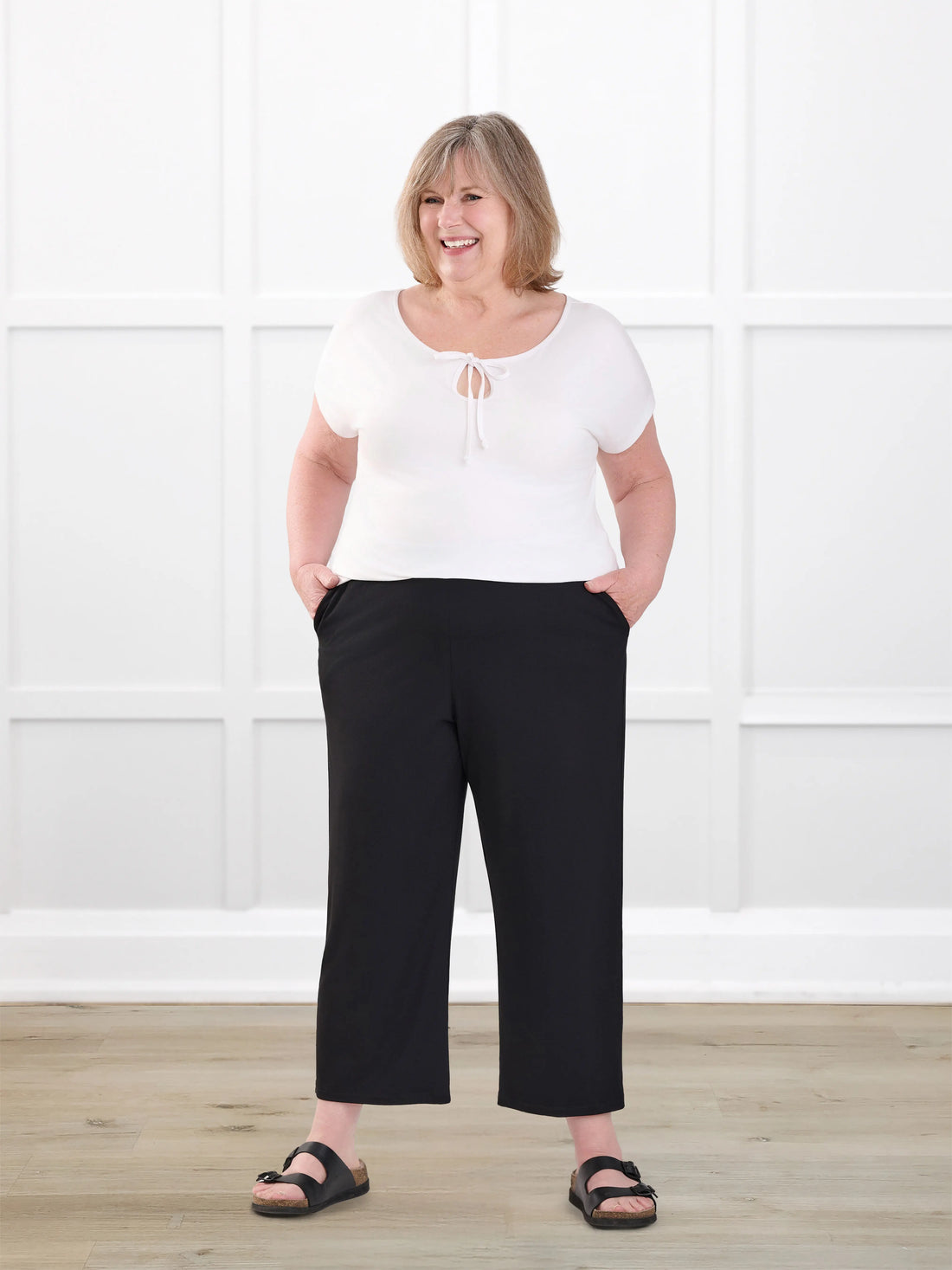 Easton pocket capri for women in Black on model Laurie, size XL @Laurie-XL 