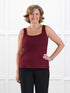 Eline reversible neckline shelf bra tank for women in Merlot on model Donna, size S @Donna-S 