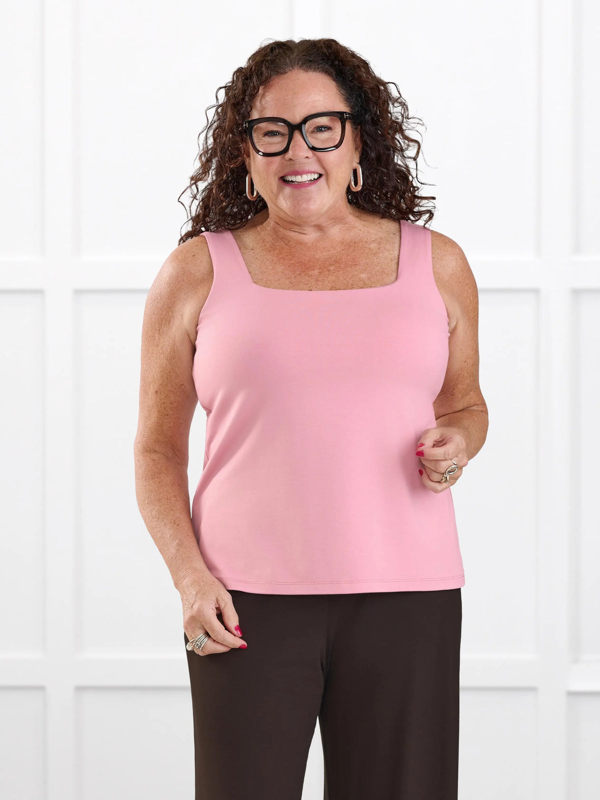 Eline reversible neckline shelf bra tank for women in Rosebud on model Kerri, size M @Kerri-M 