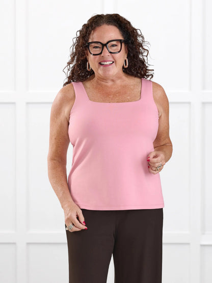 Eline reversible neckline shelf bra tank for women in Rosebud on model Kerri, size M @Kerri-M 