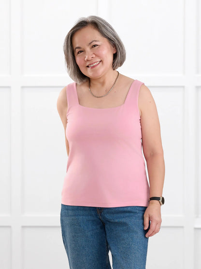 Eline reversible neckline shelf bra tank for women in Rosebud on model Terry, size S @Terry-S 