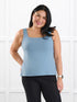 Eline reversible neckline shelf bra tank for women in Steel blue on model Jenn, size M @Jenn-M 