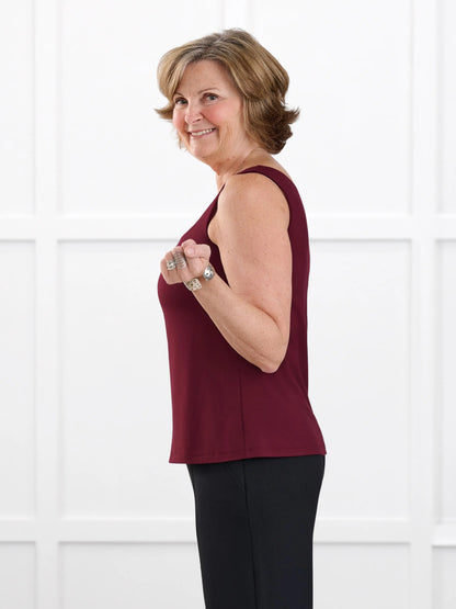 Eline reversible neckline shelf bra tank for women in Merlot on model Donna, size S @Donna-S 