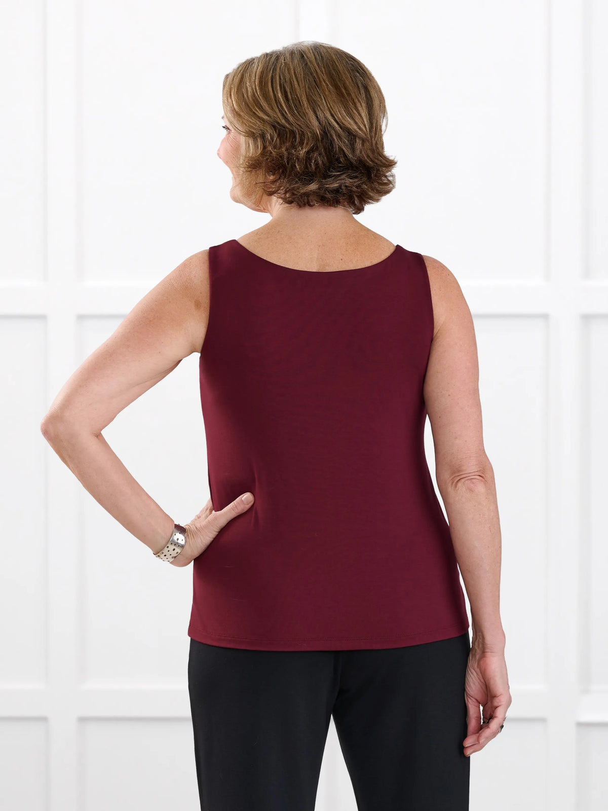 Eline reversible neckline shelf bra tank for women in Merlot on model Donna, size S @Donna-S 