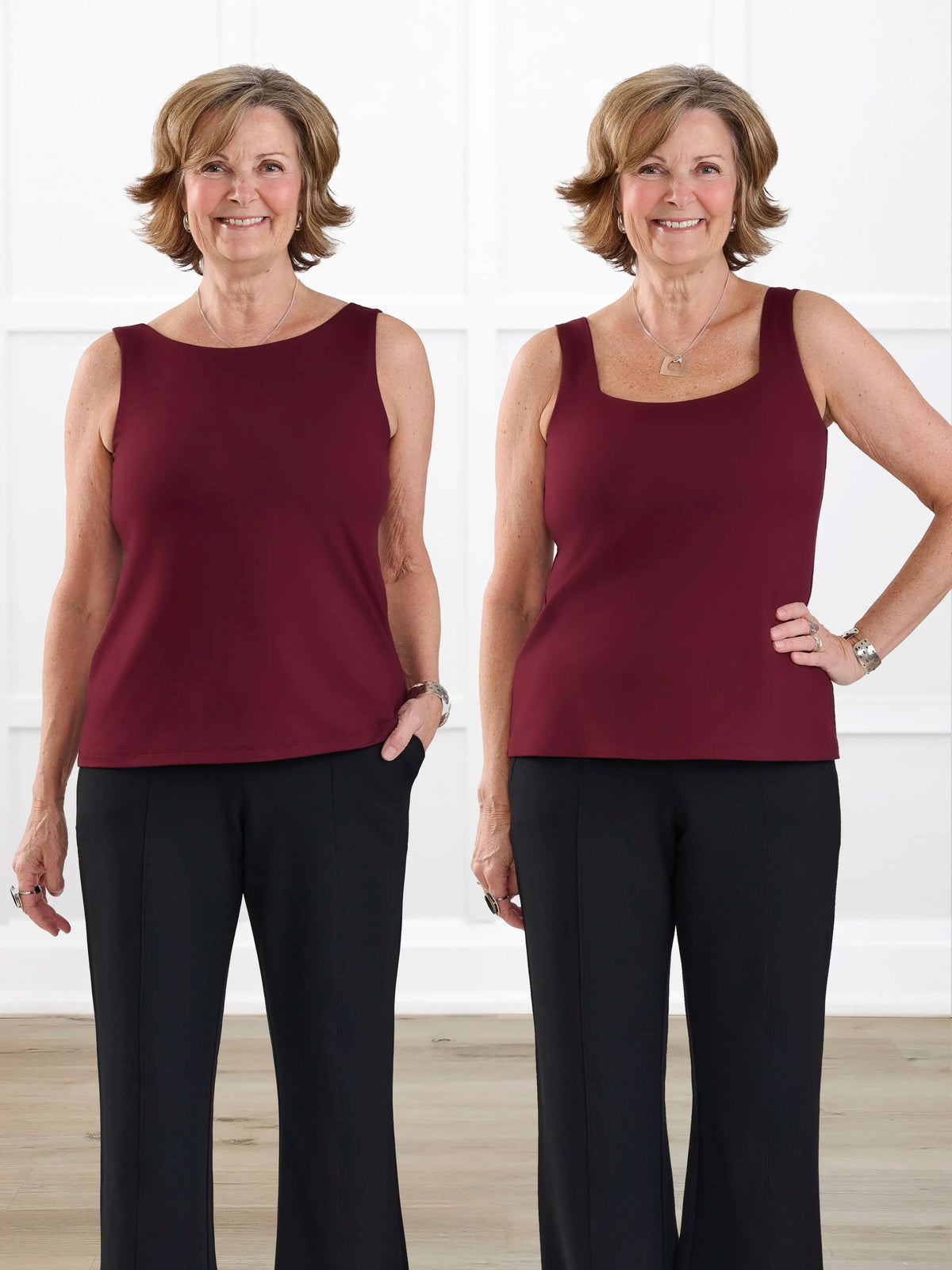 Eline reversible neckline shelf bra tank for women in Merlot on model Donna, size S @Donna-S 