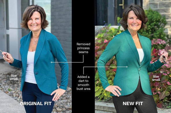 An infographic showing the Emily blazer original fit vs new fit. Removed the princess seams from the original fit and added a dat to smooth the bust area for the new fit.