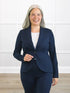 Emily soft stretchy blazer in Navy on model Kerri, size S Regular @Kerri-S-regular 