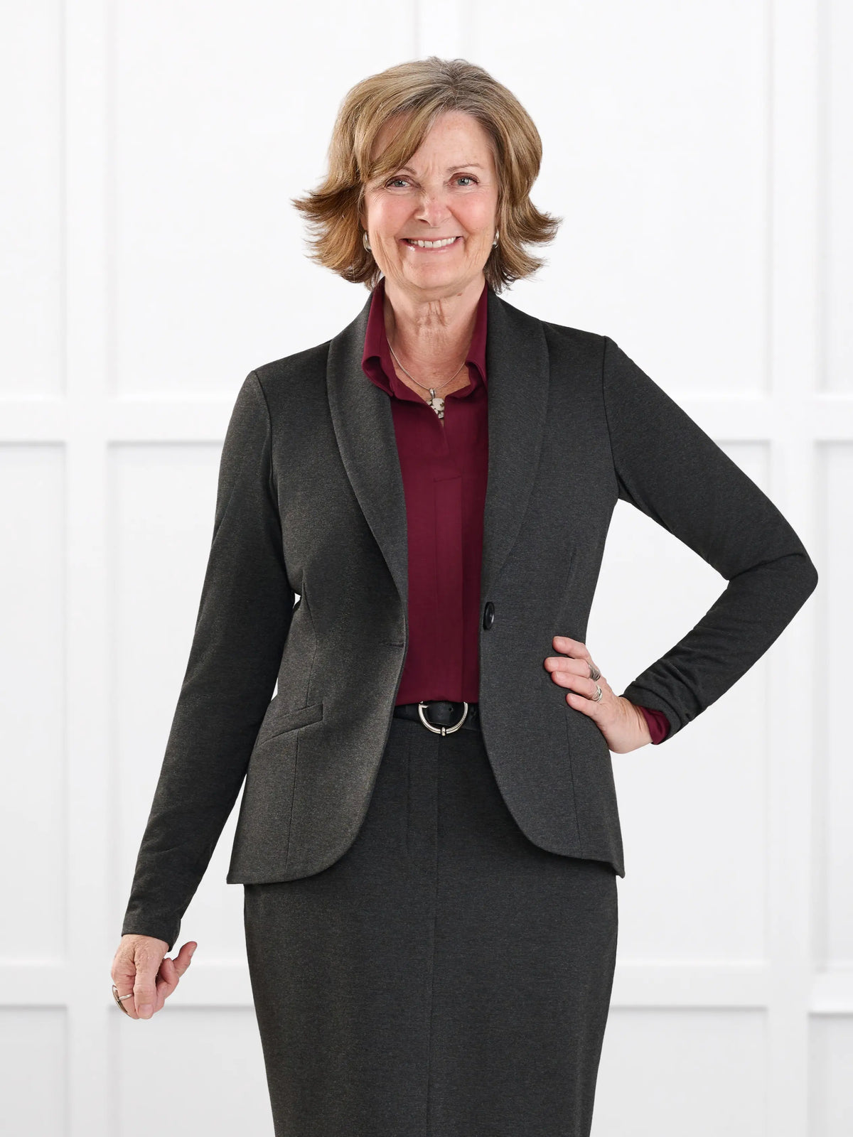 Emily soft stretchy blazer for women in Charcoal on model Donna, size S Regular @Donna-S-regular 