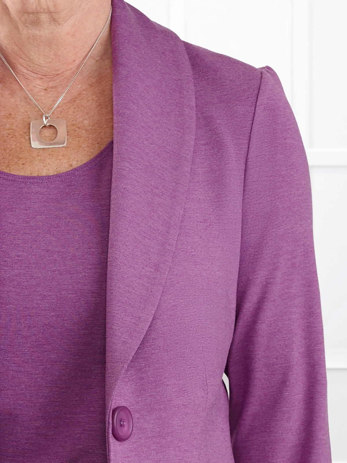 Emily soft stretchy blazer for women in Lupin melange on model E8a2119a, size 9E9D 4104 @e8a2119a-9e9d-4104-bcbf-48bab7b84fee 
