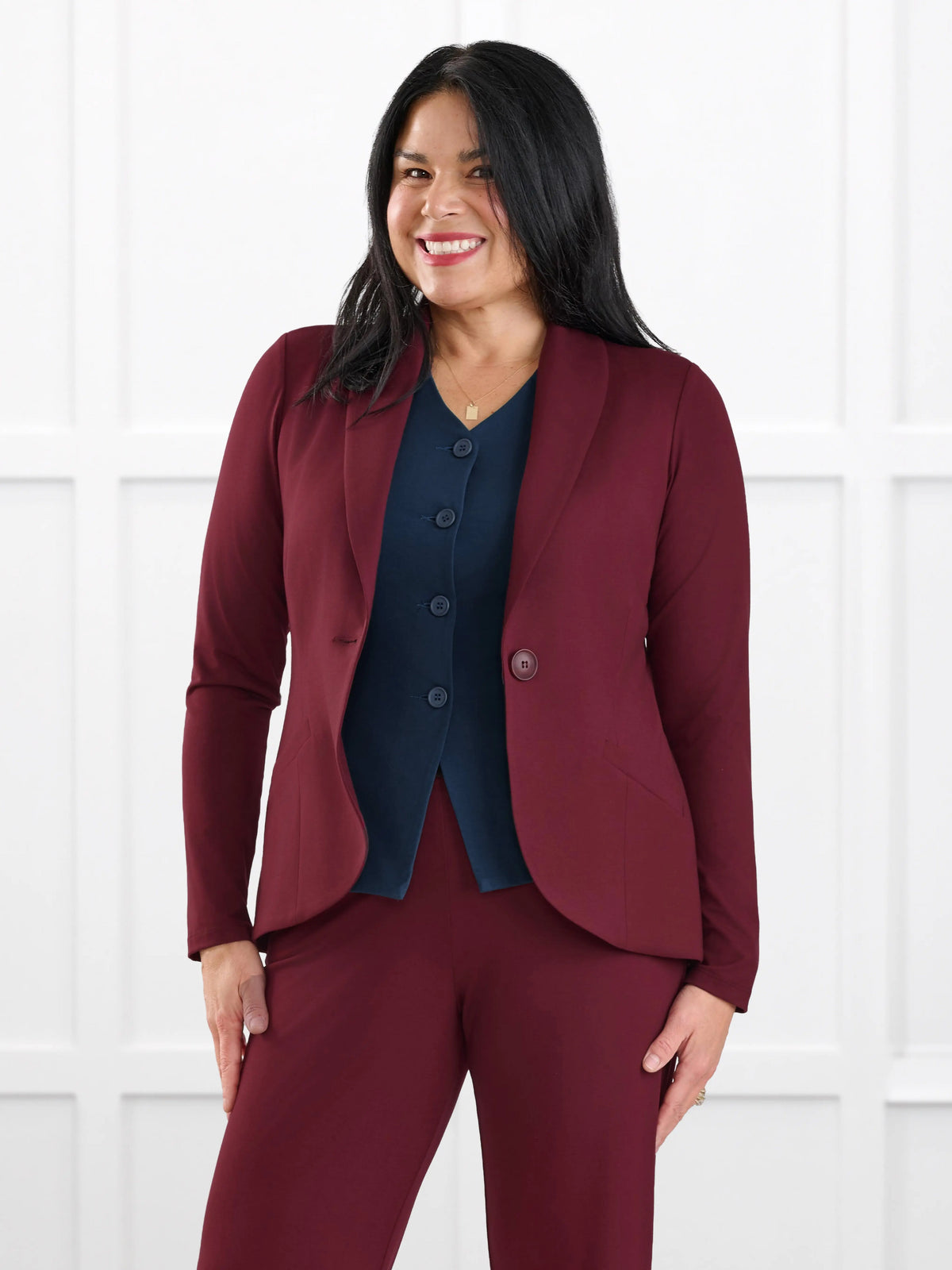Emily soft stretchy blazer for women in Merlot on model Jenn, size M Regular @Jenn-M-regular 