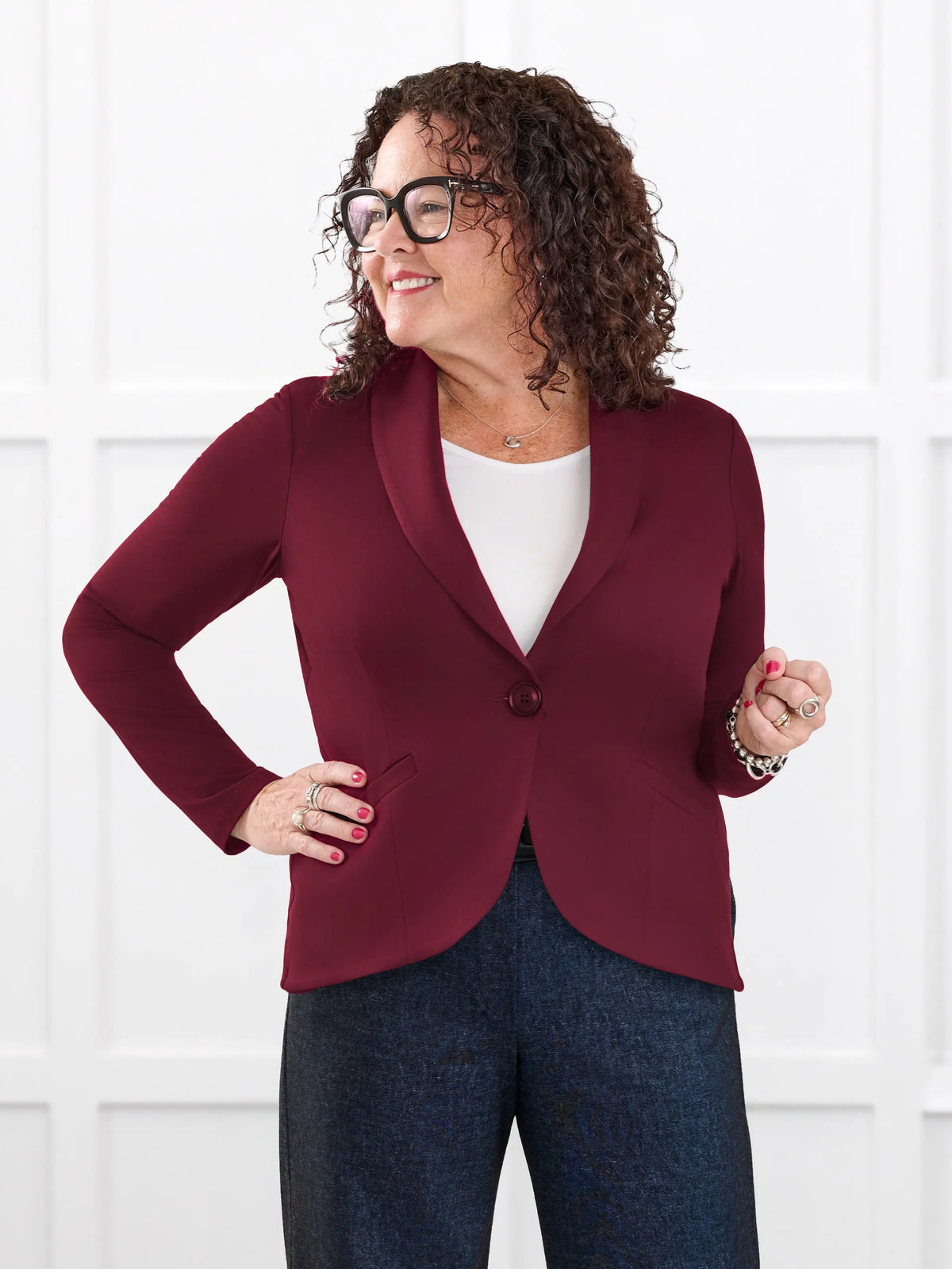 Emily soft stretchy blazer for women in Merlot on model Kerri, size M Petite @Kerri-M-petite 