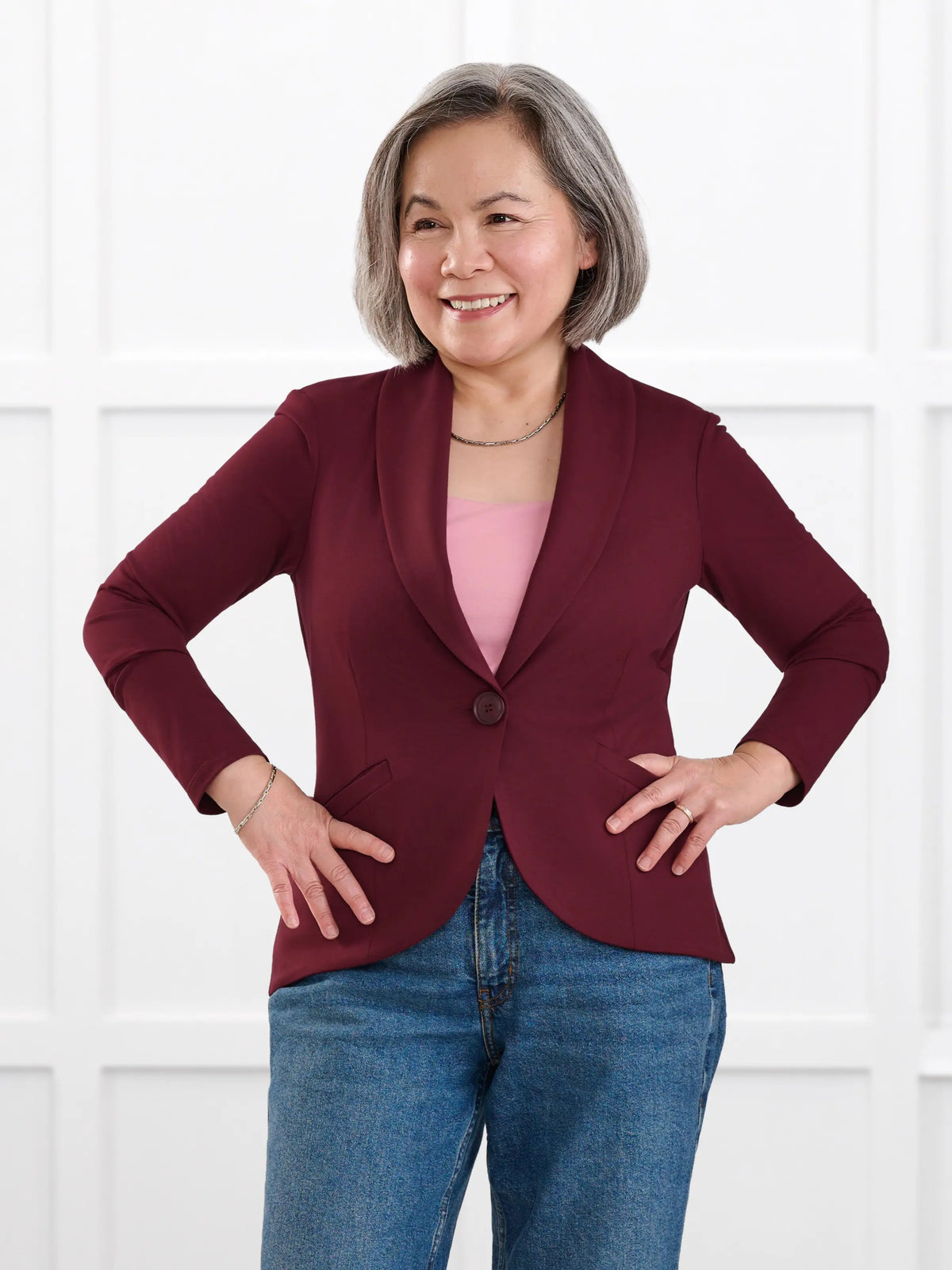 Emily soft stretchy blazer for women in Merlot on model Terry, size S Petite @Terry-S-petite 