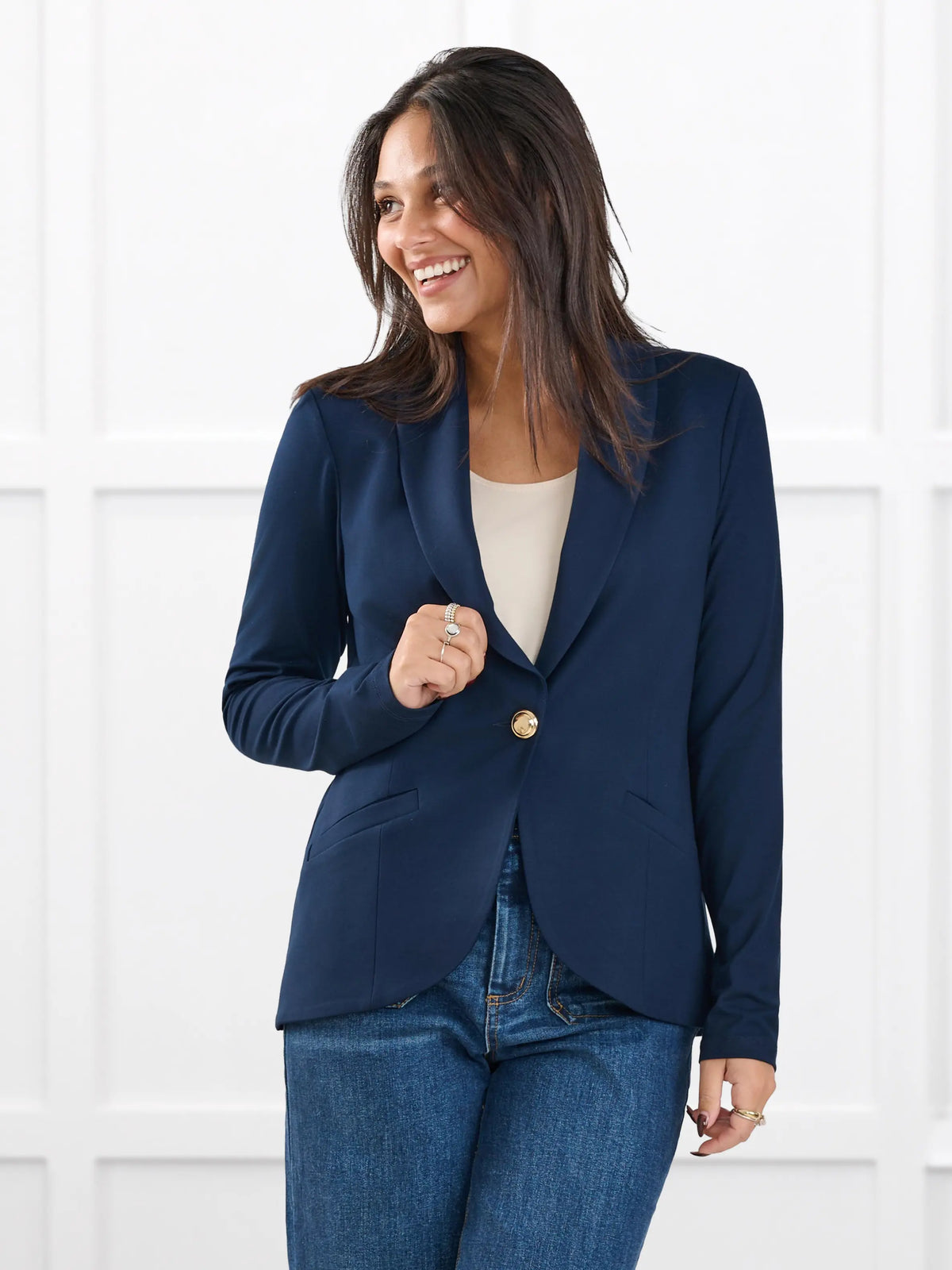 Emily soft stretchy blazer for women in Navy gold on model Meron, size XS Regular @Meron-XS-regular 