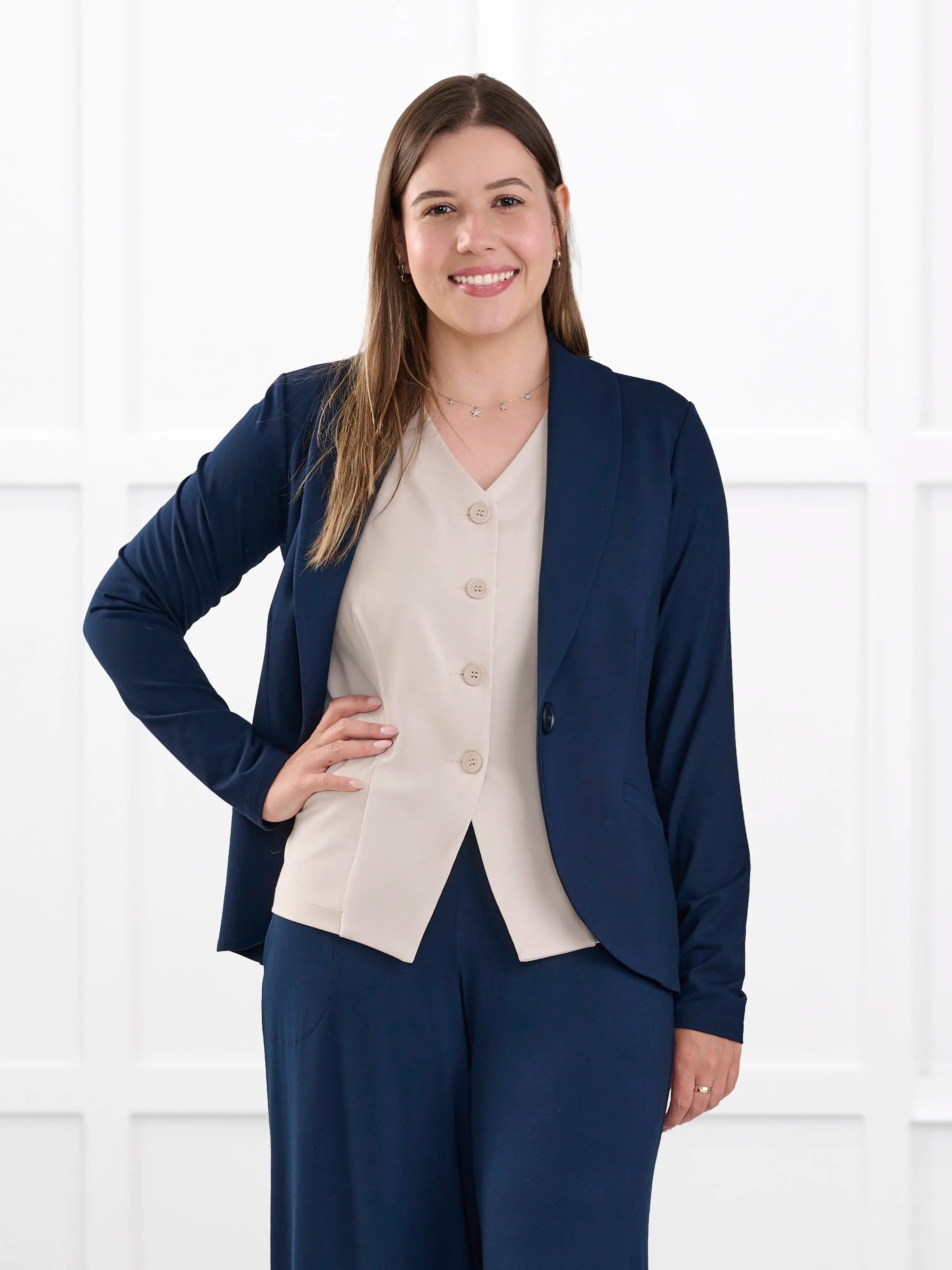 Emily soft blazer blazer for women in navy on model Christal, size S regular @Christal-S-regular 