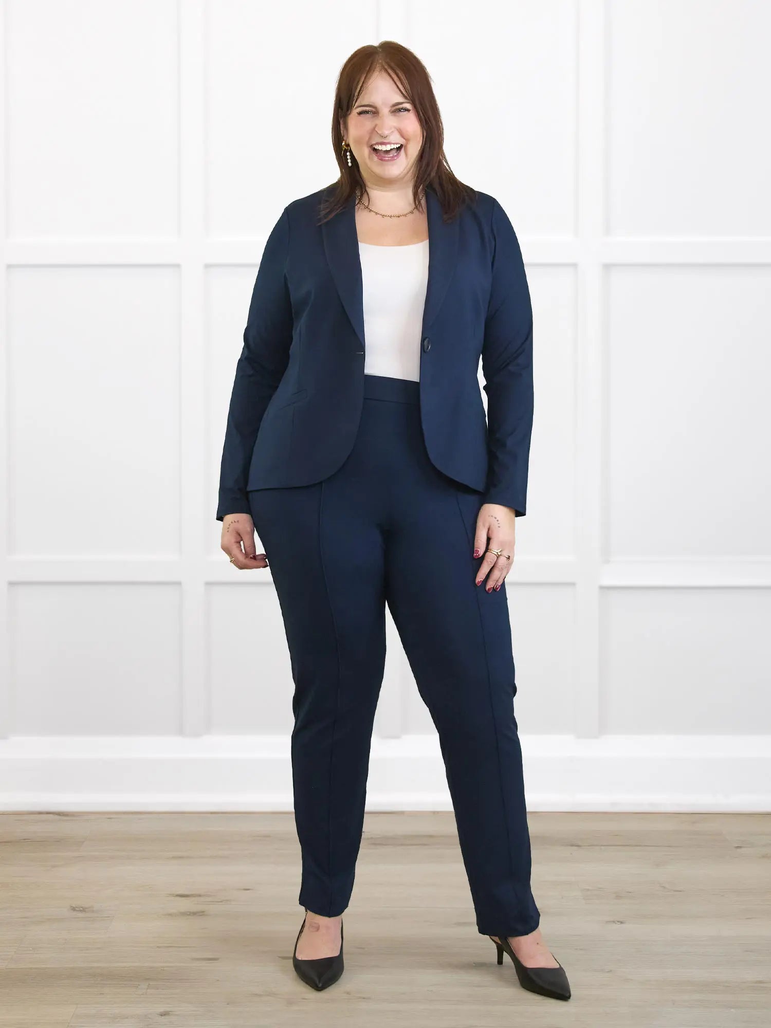 Emily soft blazer blazer for women in navy on model Kaitlin, size XL regular @Kaitlin-XL-regular 