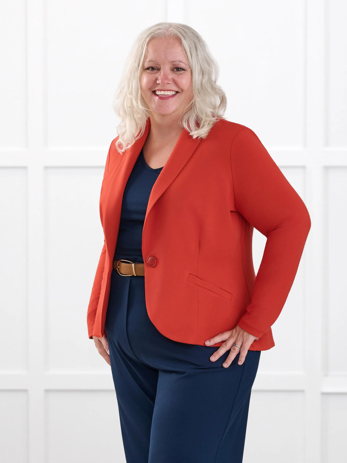 Emily soft stretchy blazer for women in Terracotta on model Colleen, size XXL Petite @Colleen-XXL-petite 