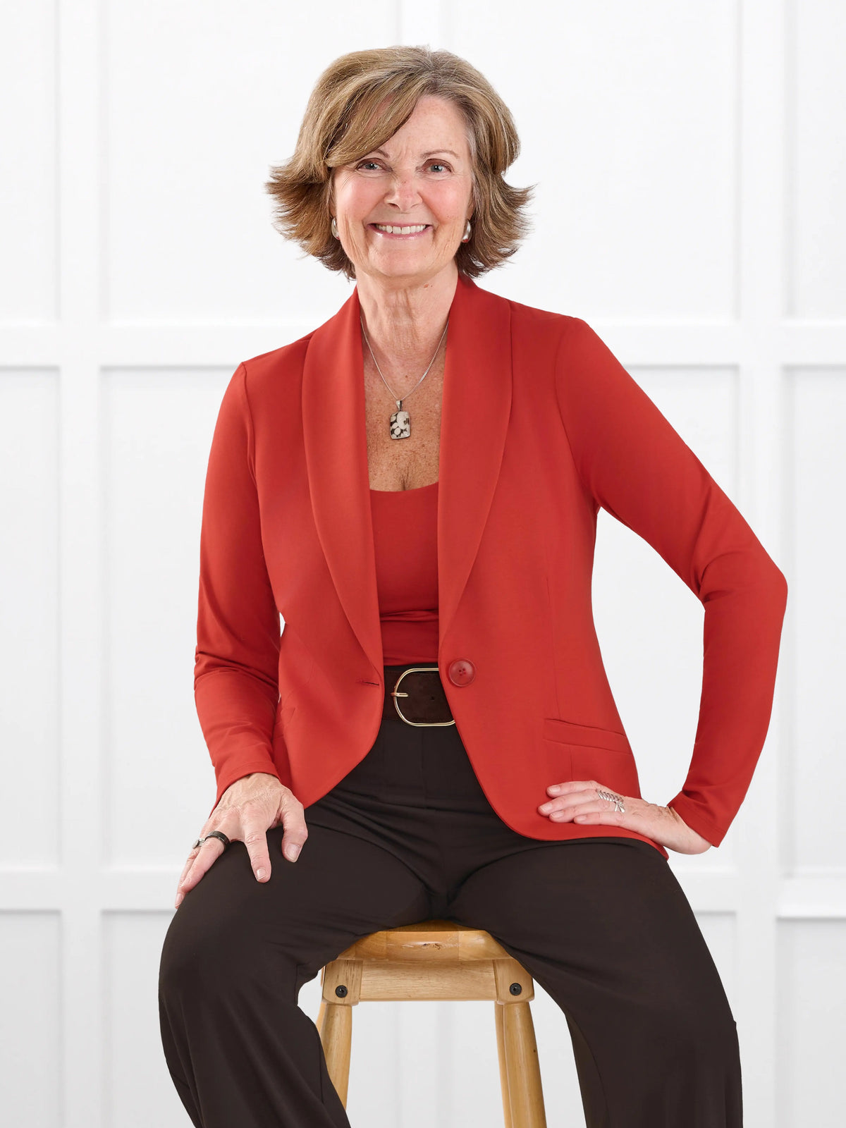 Emily soft stretchy blazer for women in Terracotta on model Donna, size S Regular @Donna-S-regular 