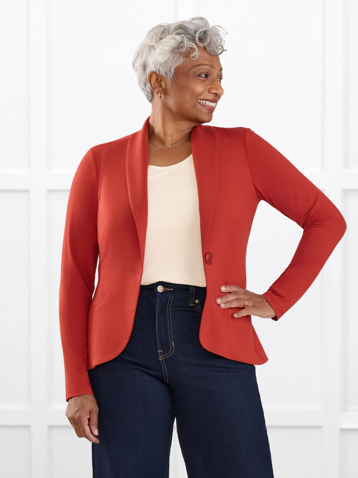 Emily soft stretchy blazer for women in Terracotta on model Keethai, size M Regular @Keethai-M-regular 