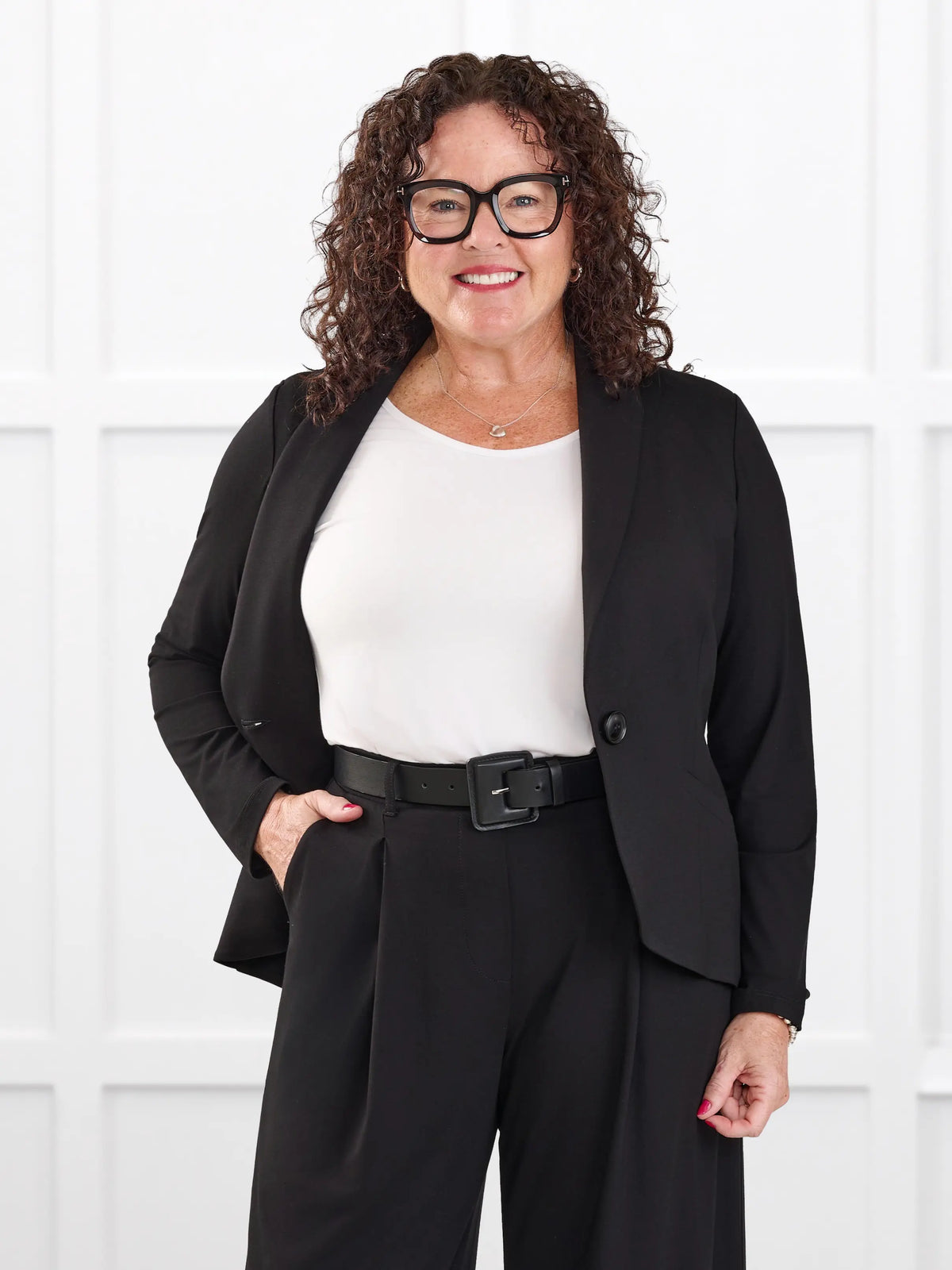 Emily soft stretchy blazer for women in Black on model Kerri, size M Petite @Kerri-M-petite 