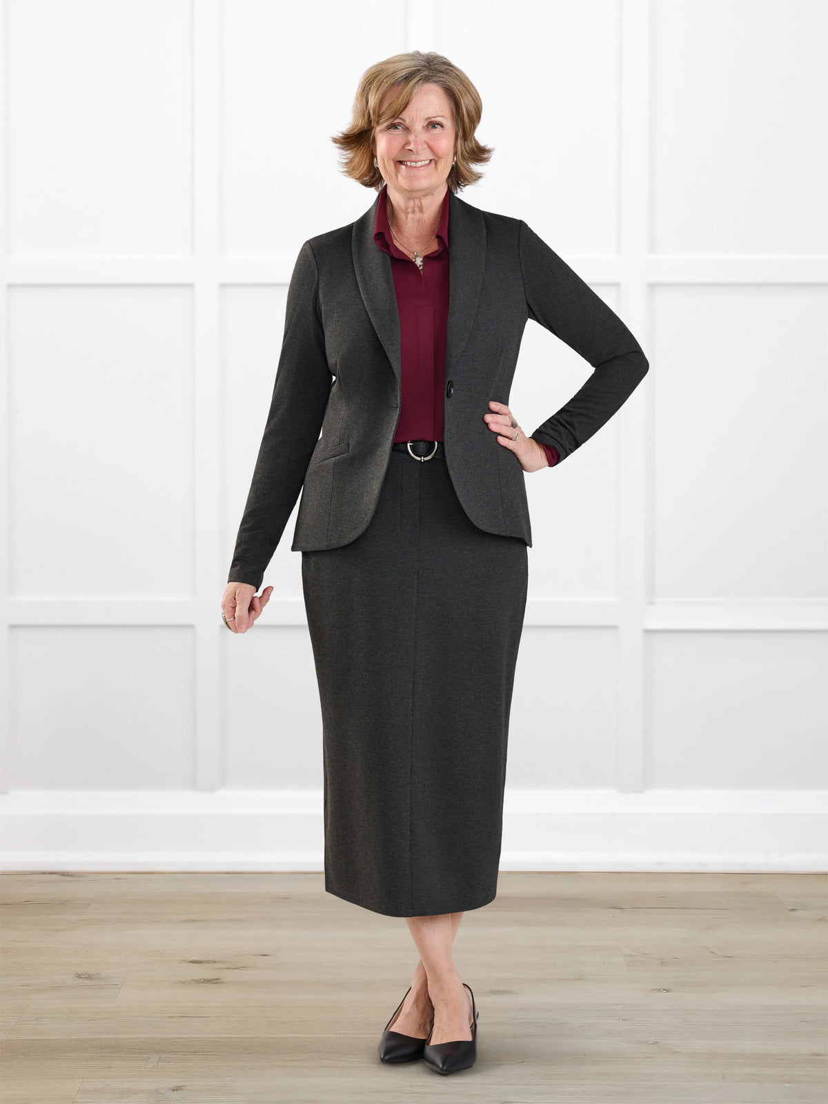 Emily soft stretchy blazer for women in Charcoal on model Donna, size S Regular @Donna-S-regular 
