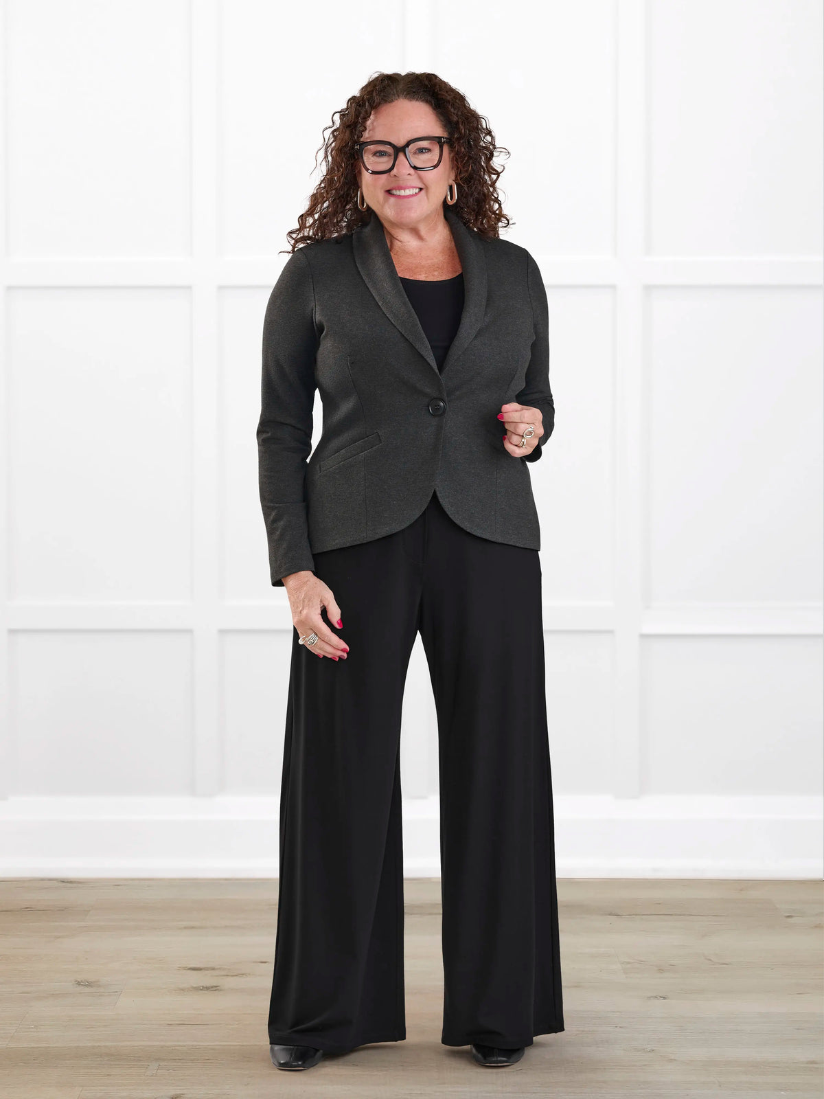 Emily soft stretchy blazer for women in Charcoal on model Kerri, size M Petite @Kerri-M-petite 