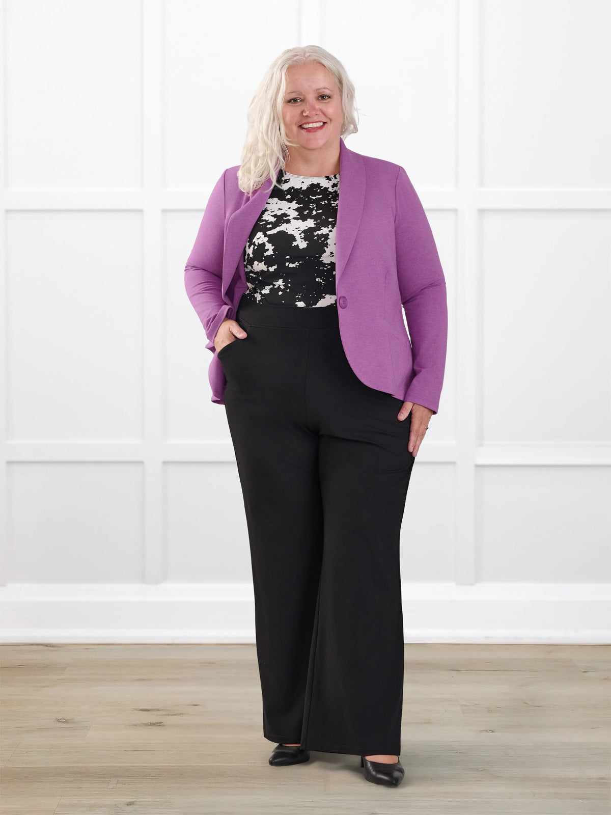 Emily soft stretchy blazer for women in Lupin melange on model Colleen, size XXL Petite @Colleen-XXL-petite 