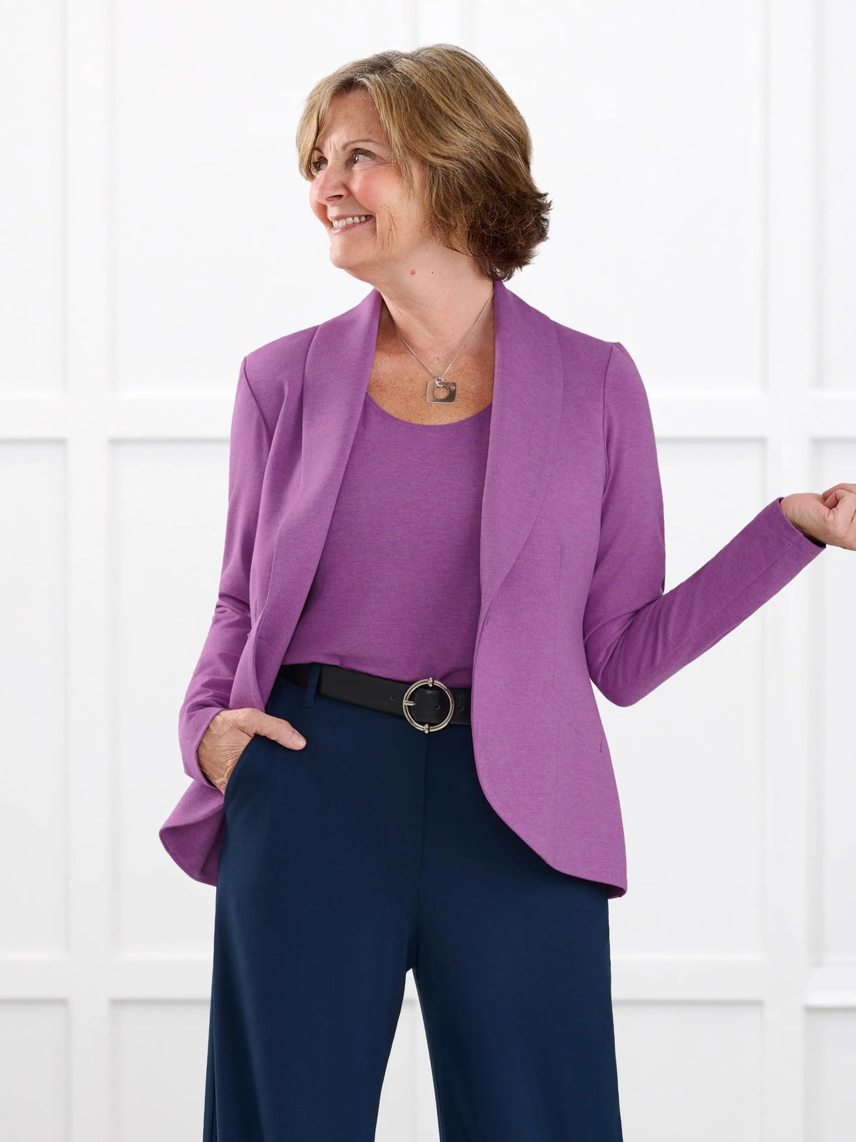 Emily soft stretchy blazer for women in Lupin melange on model Donna, size S Regular @Donna-S-regular 